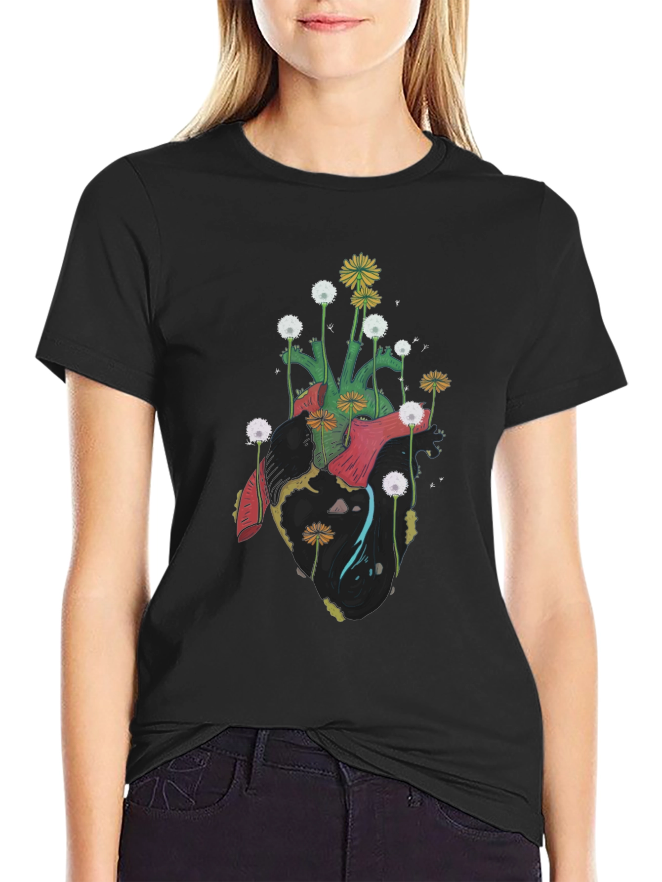 Floral Heart Graphic Tee - Unique Art Shirt
