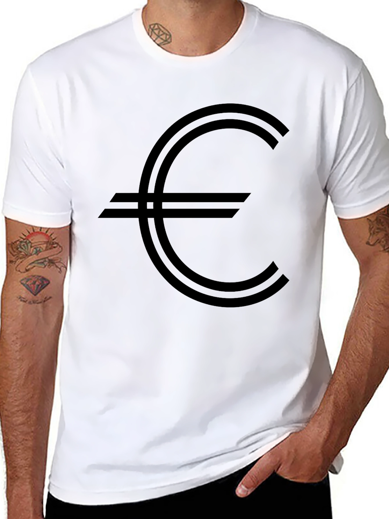 Euro Symbol Graphic Tee - Black Cotton Casual Shirt