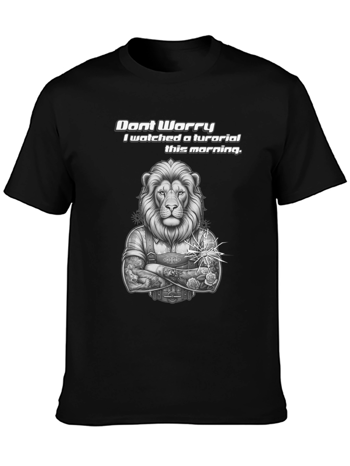 Lion Tutorial Graphic T-Shirt - Black Crew Neck