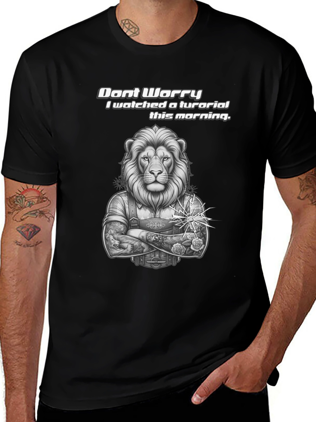 Lion Tutorial Graphic T-Shirt - Black Crew Neck