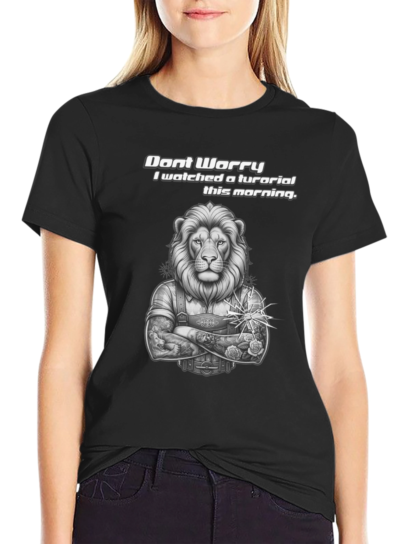 Lion Tutorial Graphic T-Shirt - Black Crew Neck