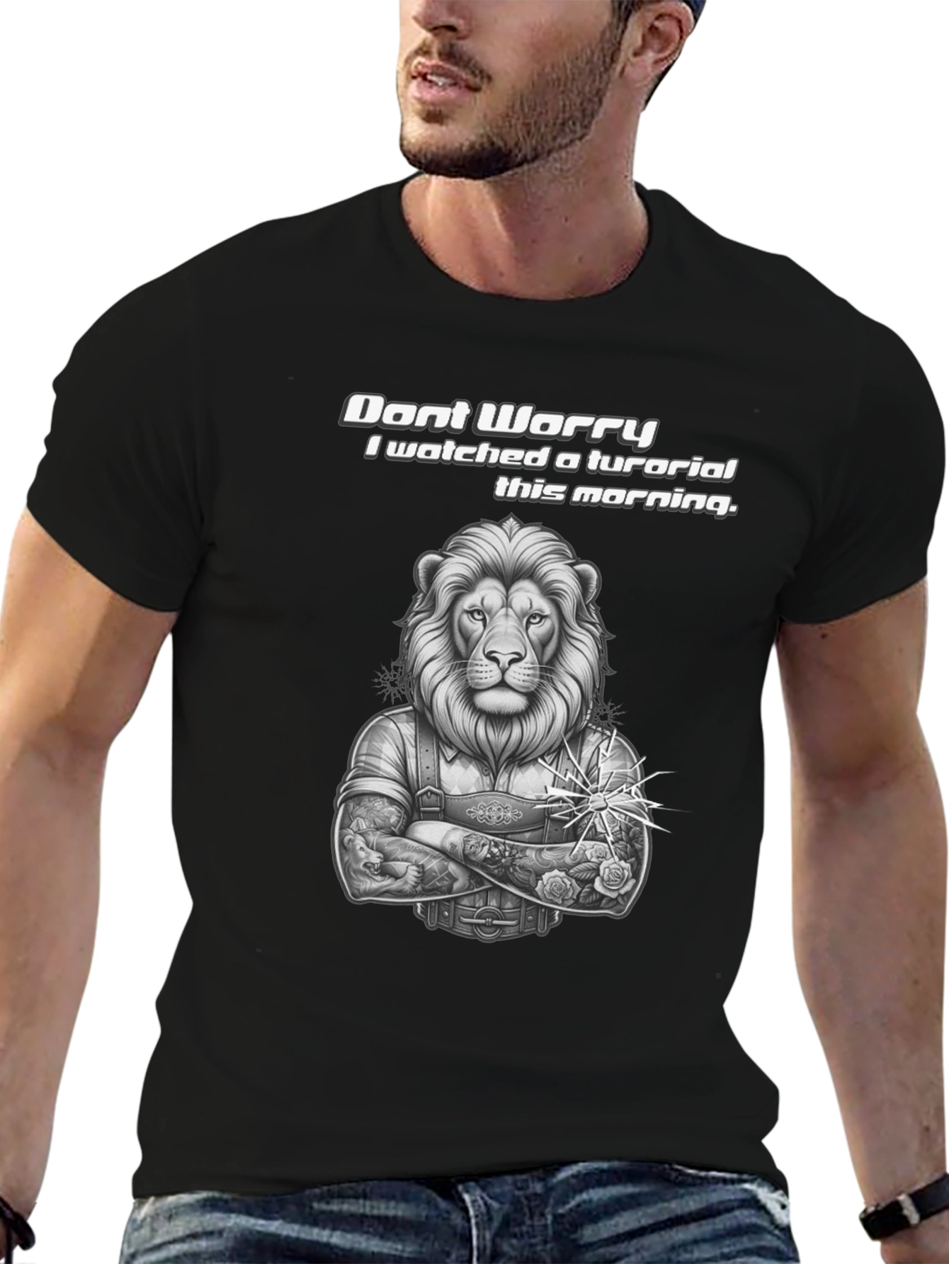 Lion Tutorial Graphic T-Shirt - Black Crew Neck