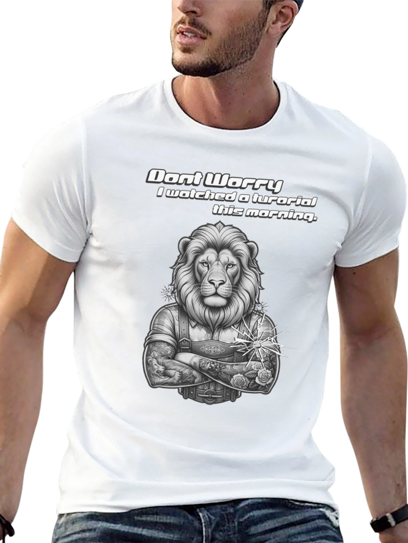Lion Tutorial Graphic T-Shirt - Black Crew Neck