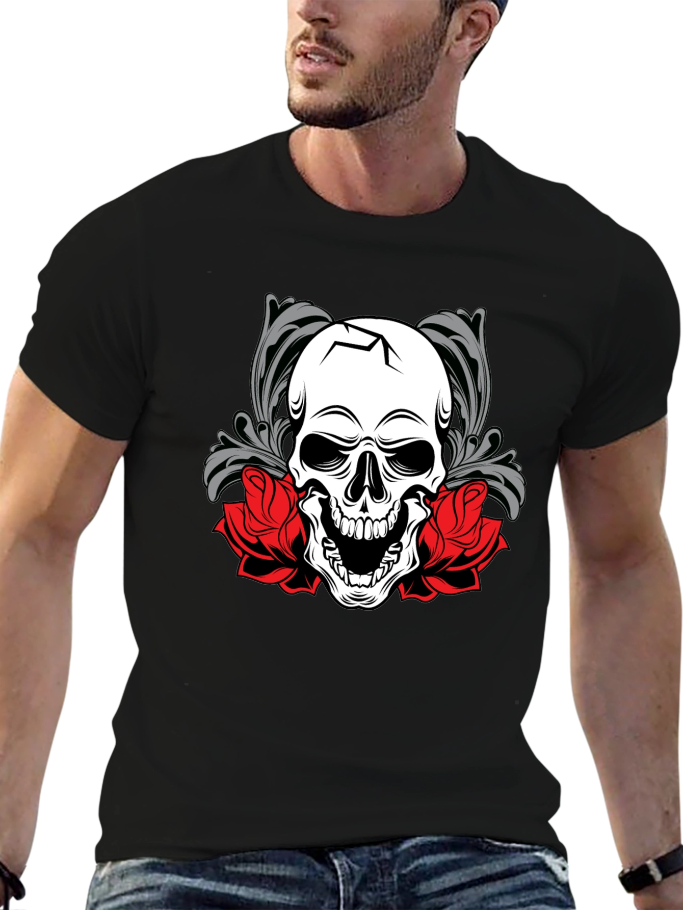 Skull & Roses Graphic Tee - Mens Black T-Shirt
