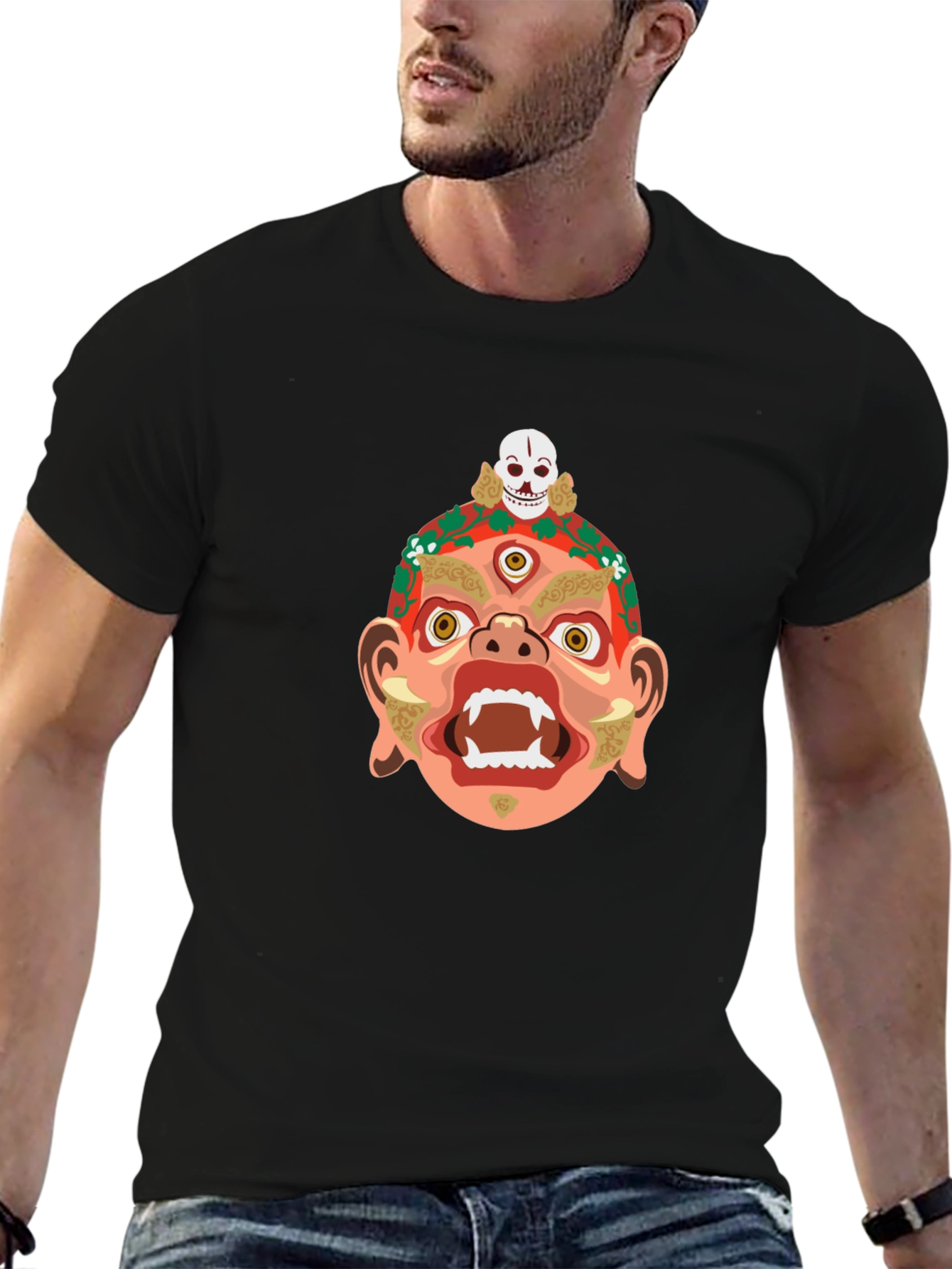Mystic Mask Graphic Tee - Bold Black Cotton Shirt