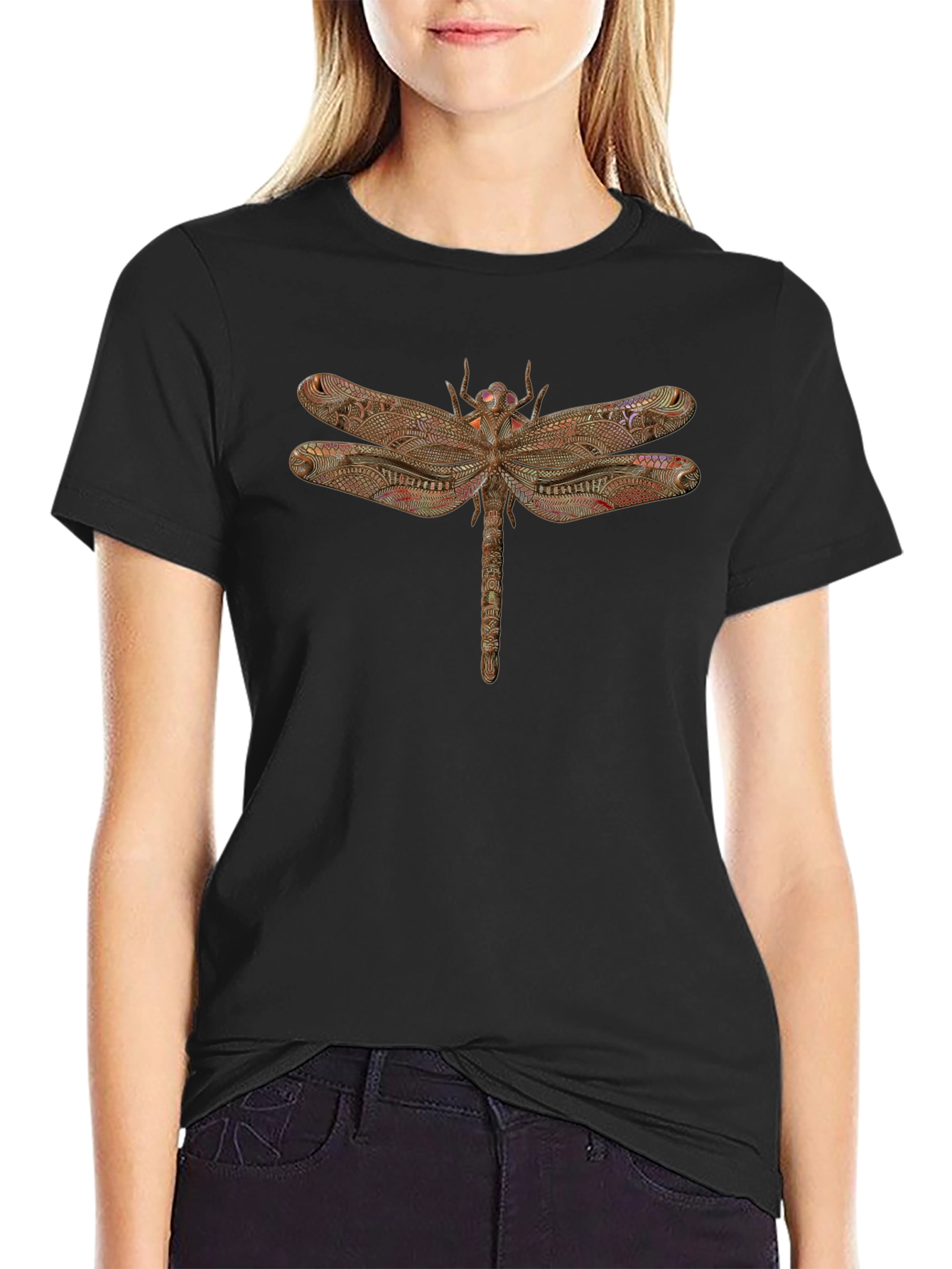 Dragonfly Graphic Print Black T-Shirt