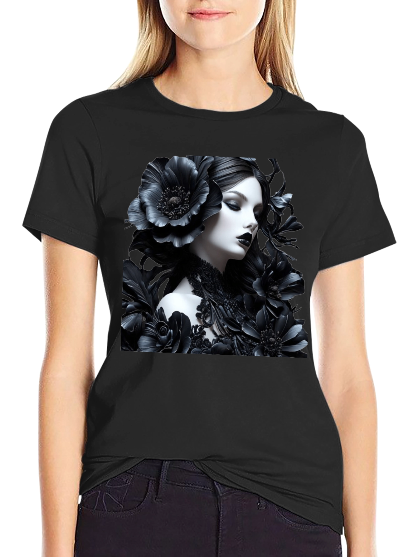Gothic Floral Woman Graphic Black Tee