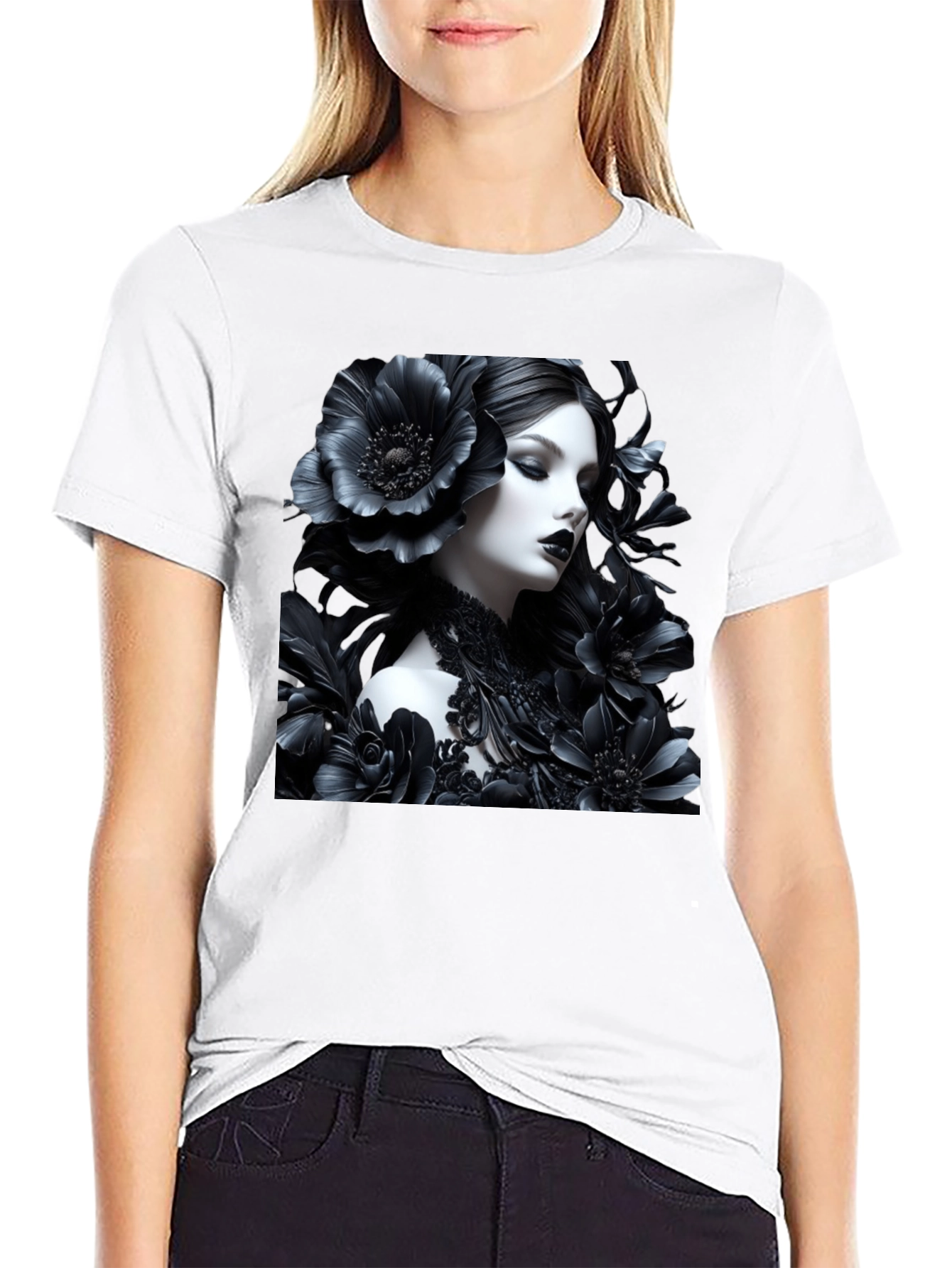 Gothic Floral Woman Graphic Black Tee