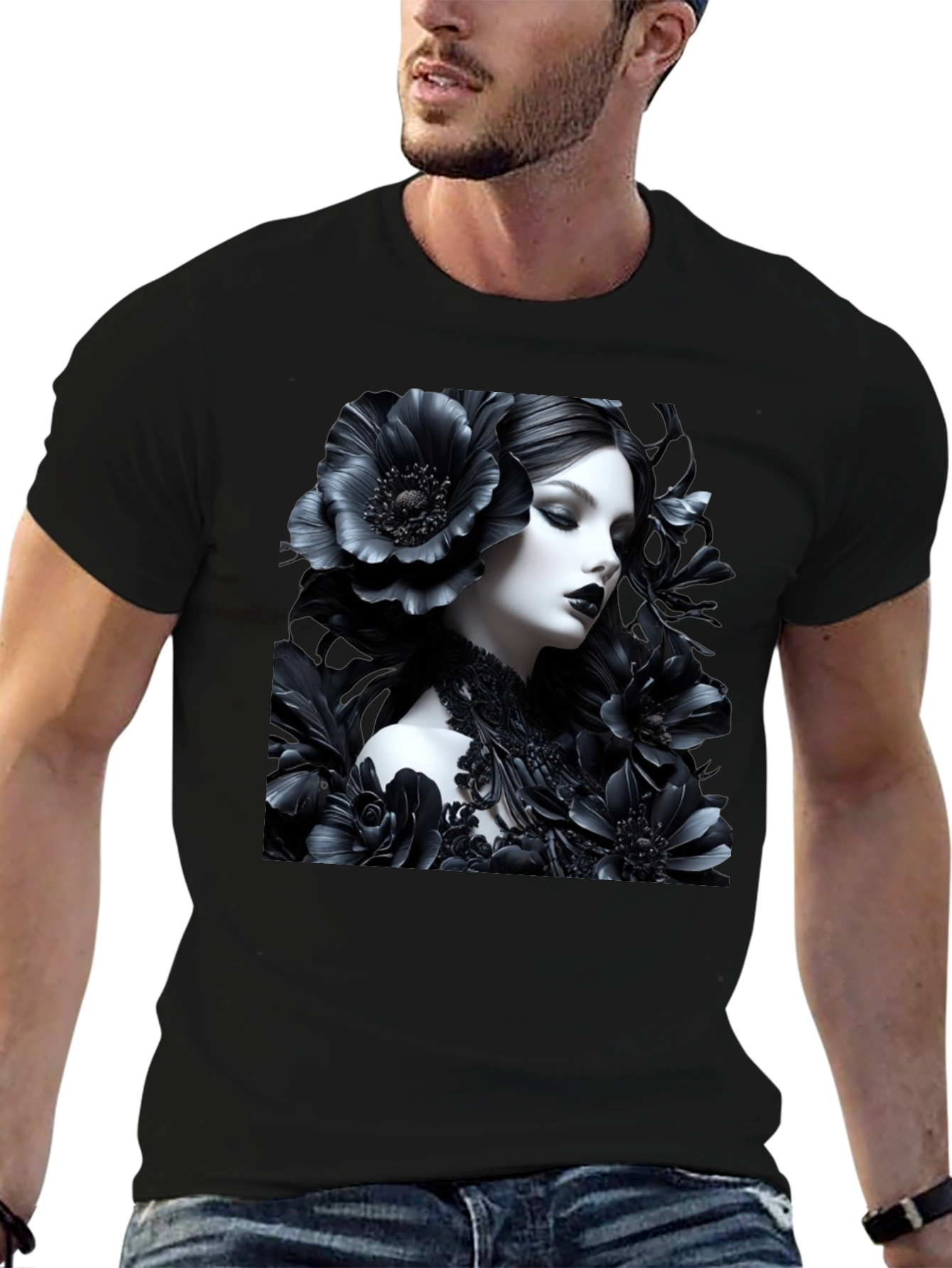 Gothic Floral Woman Graphic Black Tee