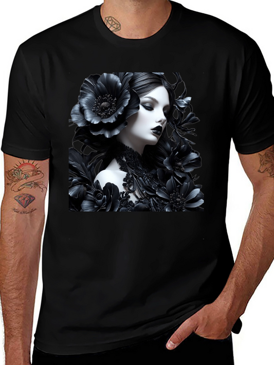 Gothic Floral Woman Graphic Black Tee