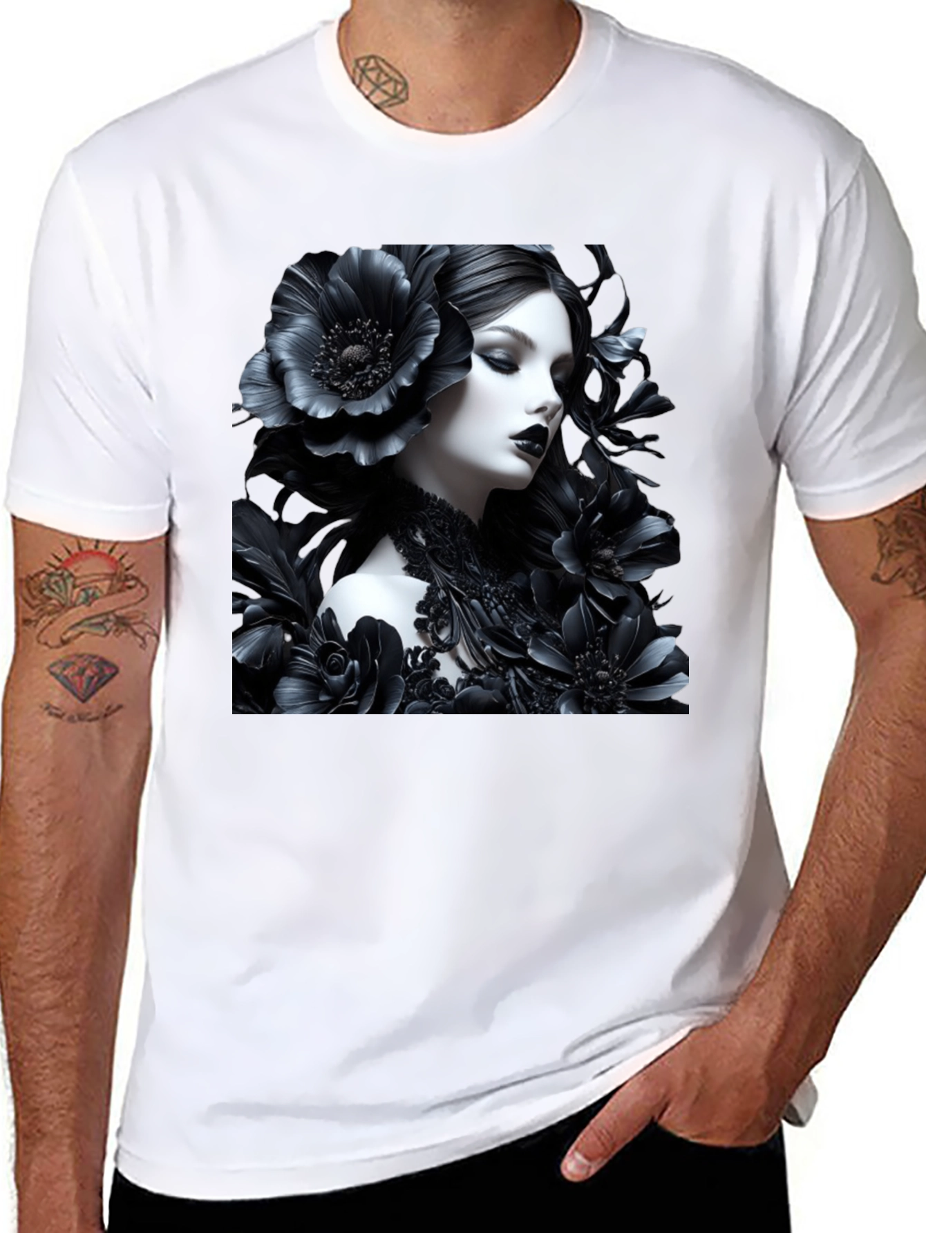 Gothic Floral Woman Graphic Black Tee