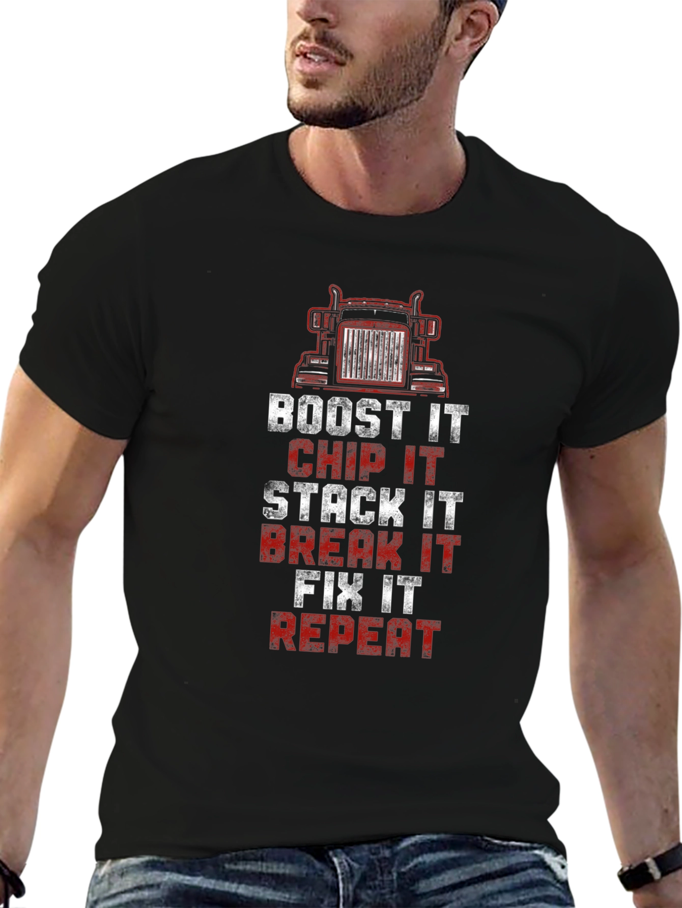 Trucker Boost Chip Stack Break Fix Repeat Graphic Tee