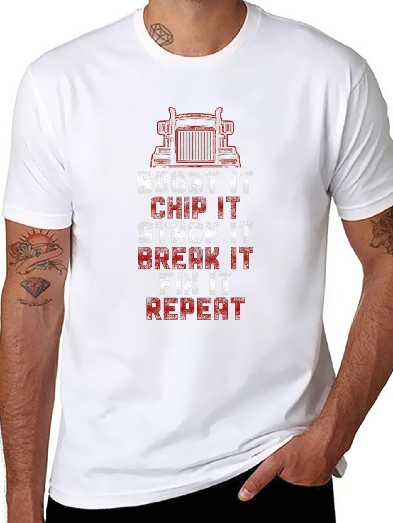 Trucker Boost Chip Stack Break Fix Repeat Graphic Tee