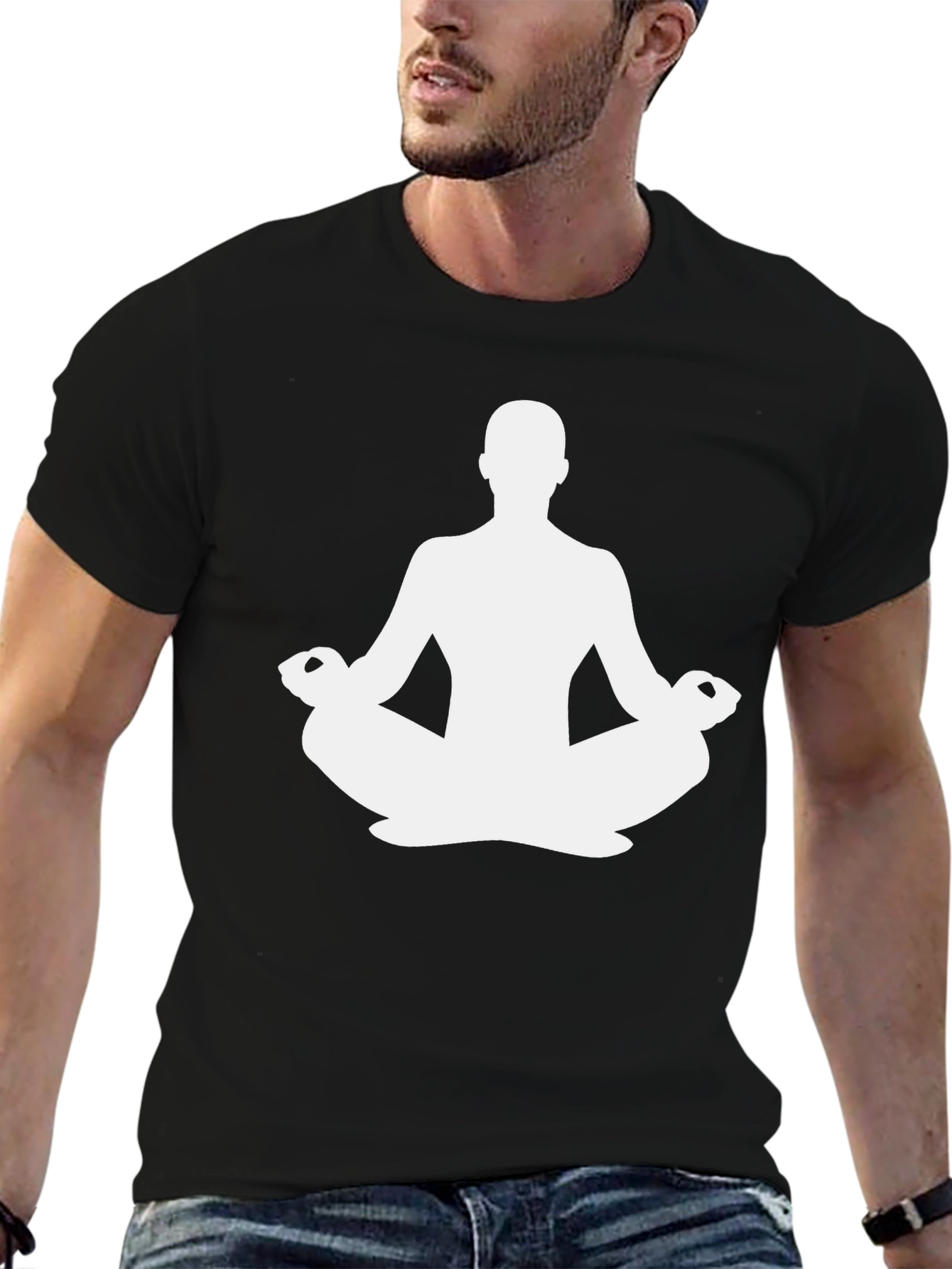 Meditating Man Graphic Tee - Black Cotton Casual Top