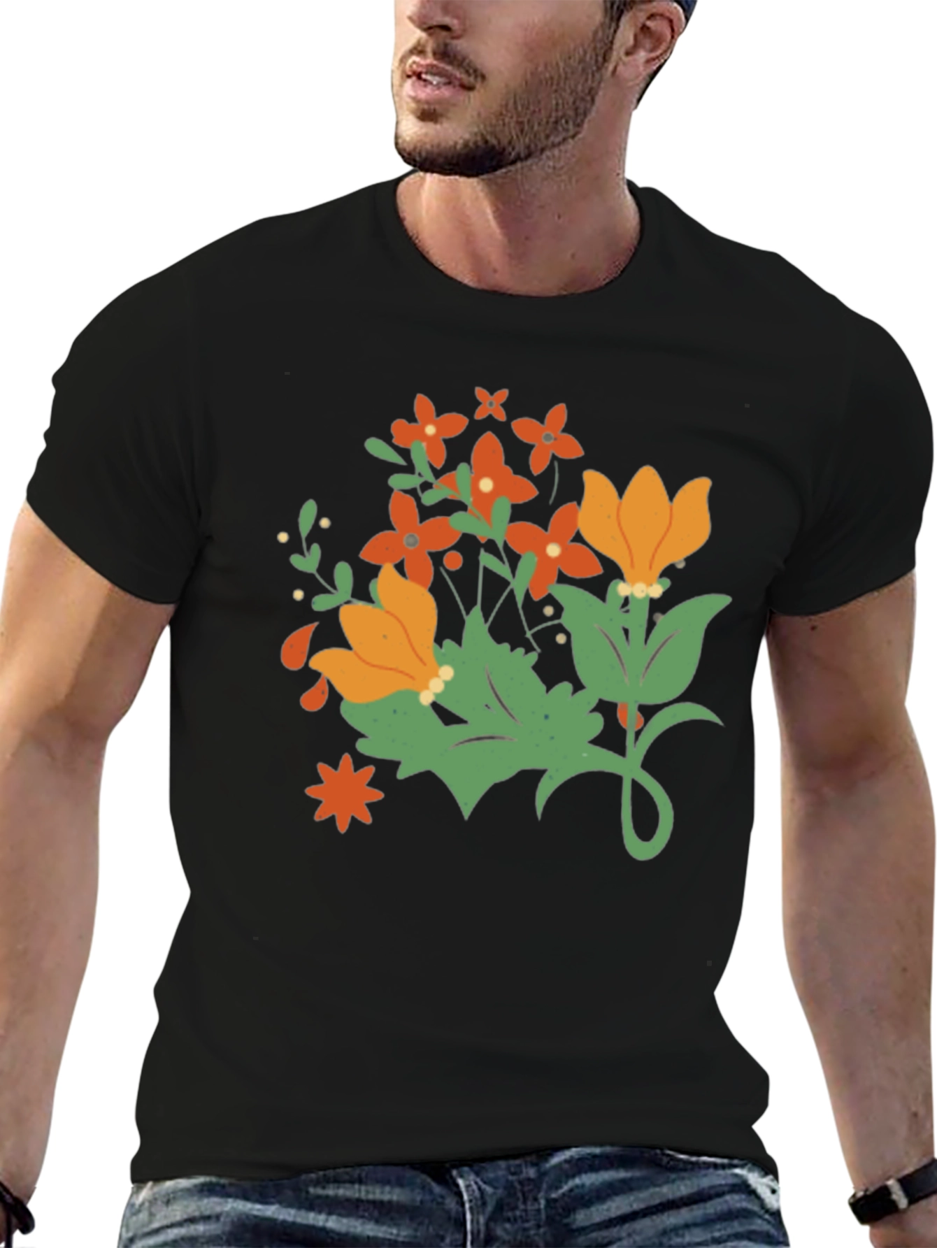 Floral Graphic Print Mens Black T-Shirt