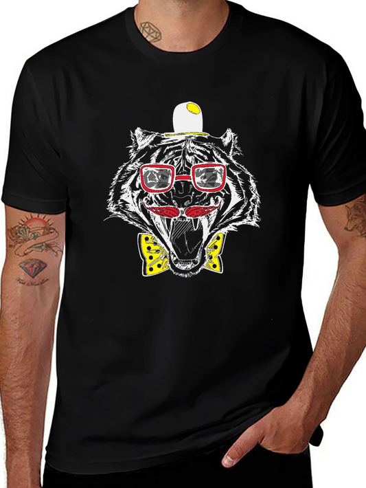 Black Graphic Tee: Tiger with Hat Glasses and Bow Tie