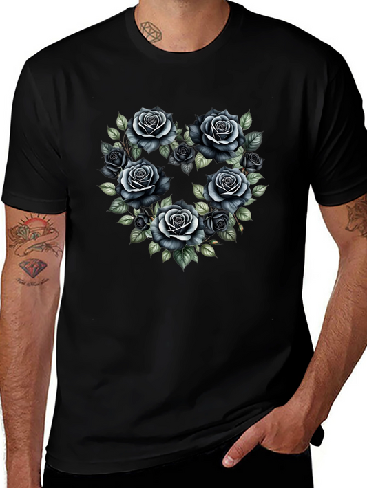 Black Roses Heart Graphic Tee - Trendy Floral T-Shirt