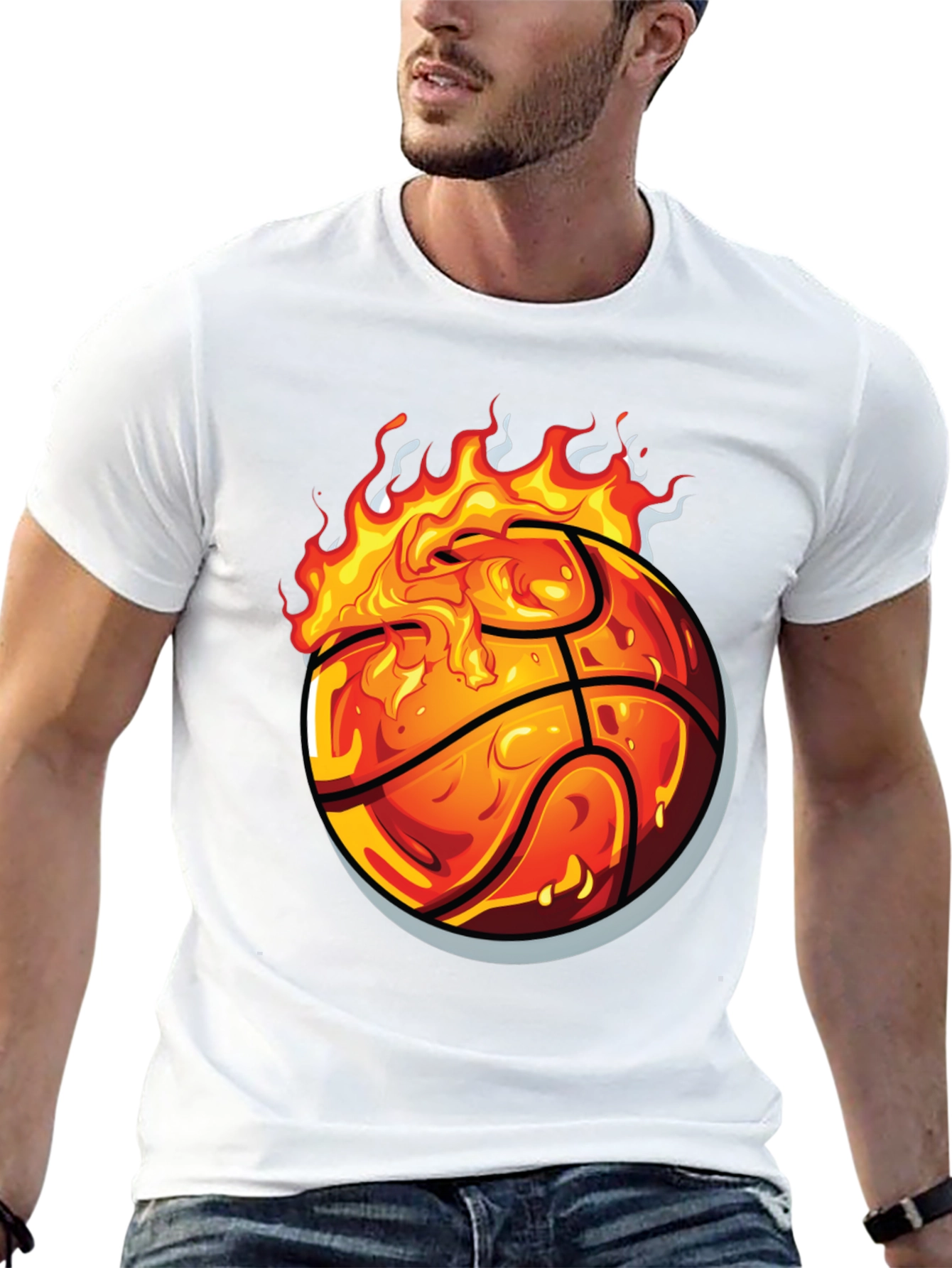 Flaming Basketball Graphic Tee - Black Cotton Shirt