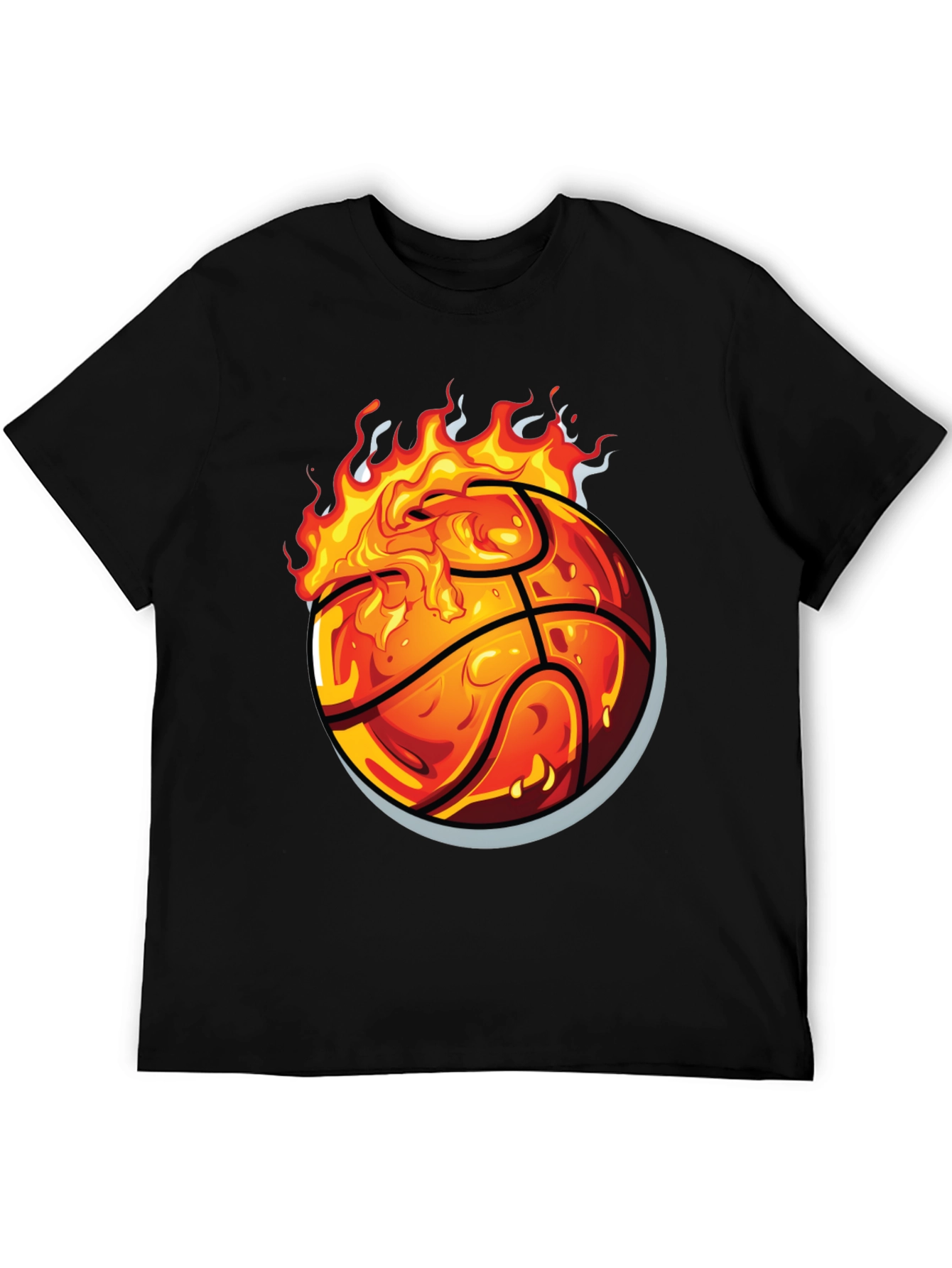 Flaming Basketball Graphic Tee - Black Cotton Shirt