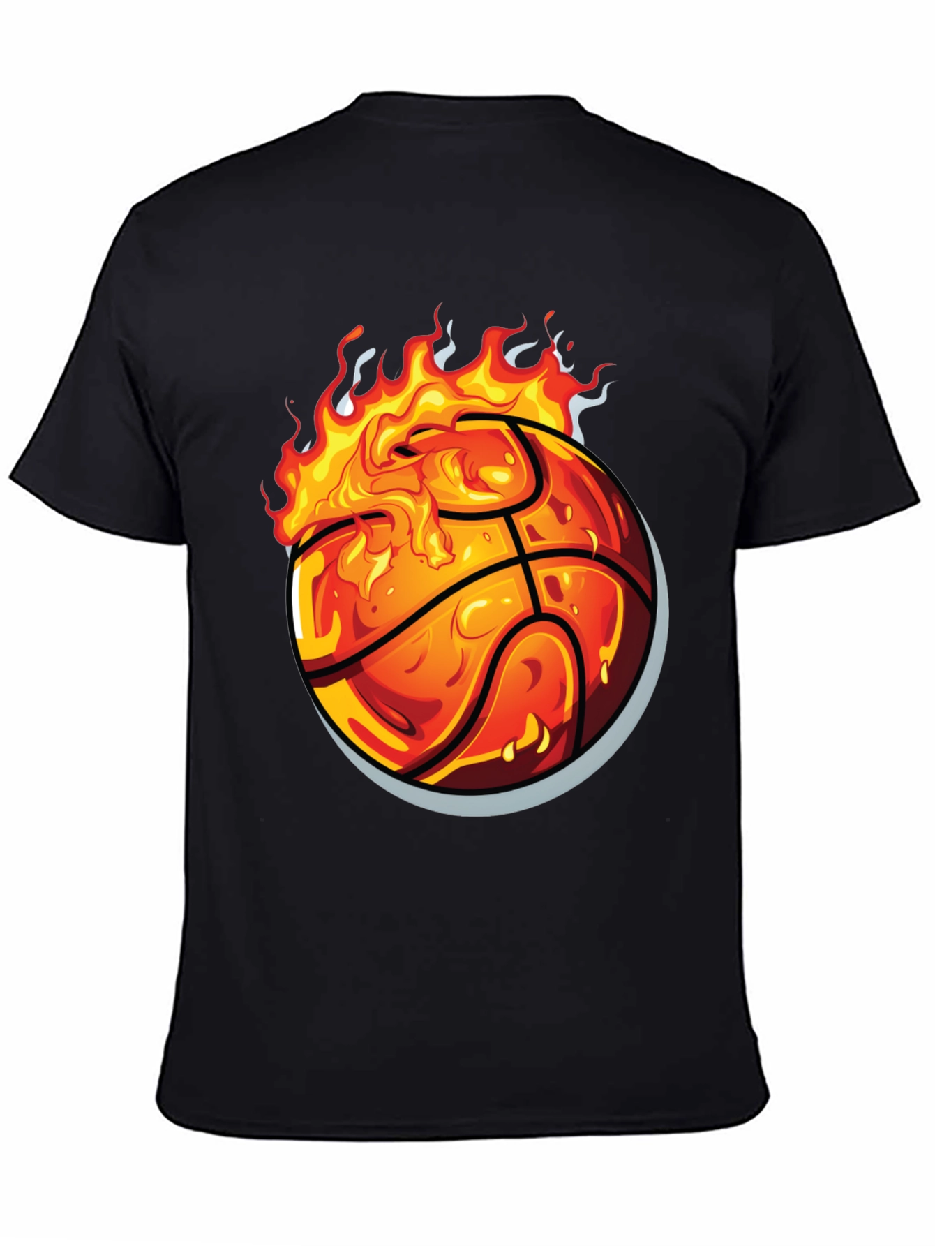 Flaming Basketball Graphic Tee - Black Cotton Shirt