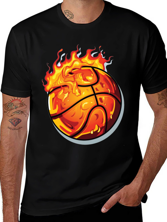 Flaming Basketball Graphic Tee - Black Cotton Shirt