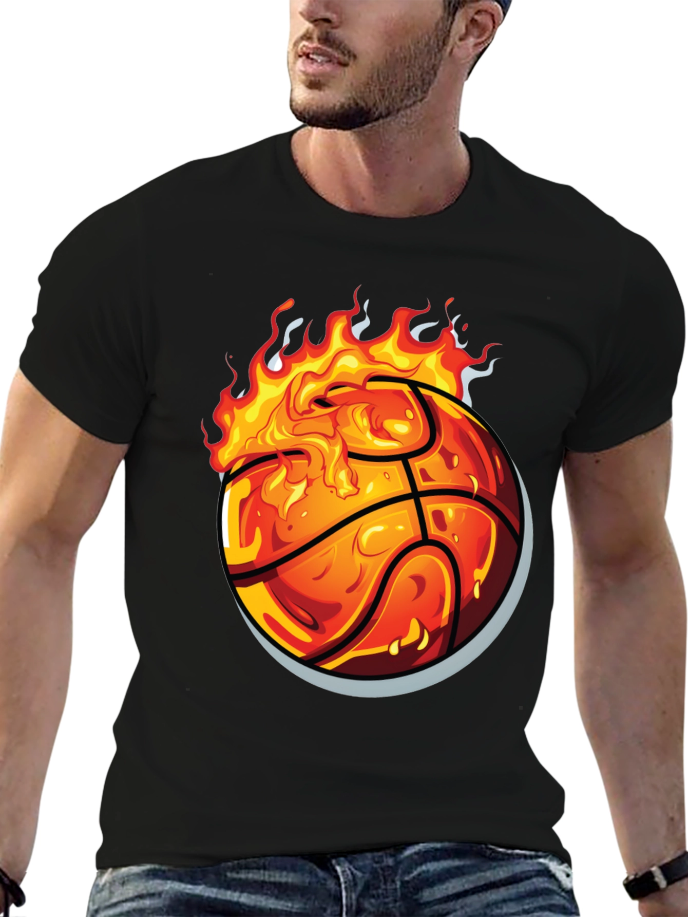 Flaming Basketball Graphic Tee - Black Cotton Shirt