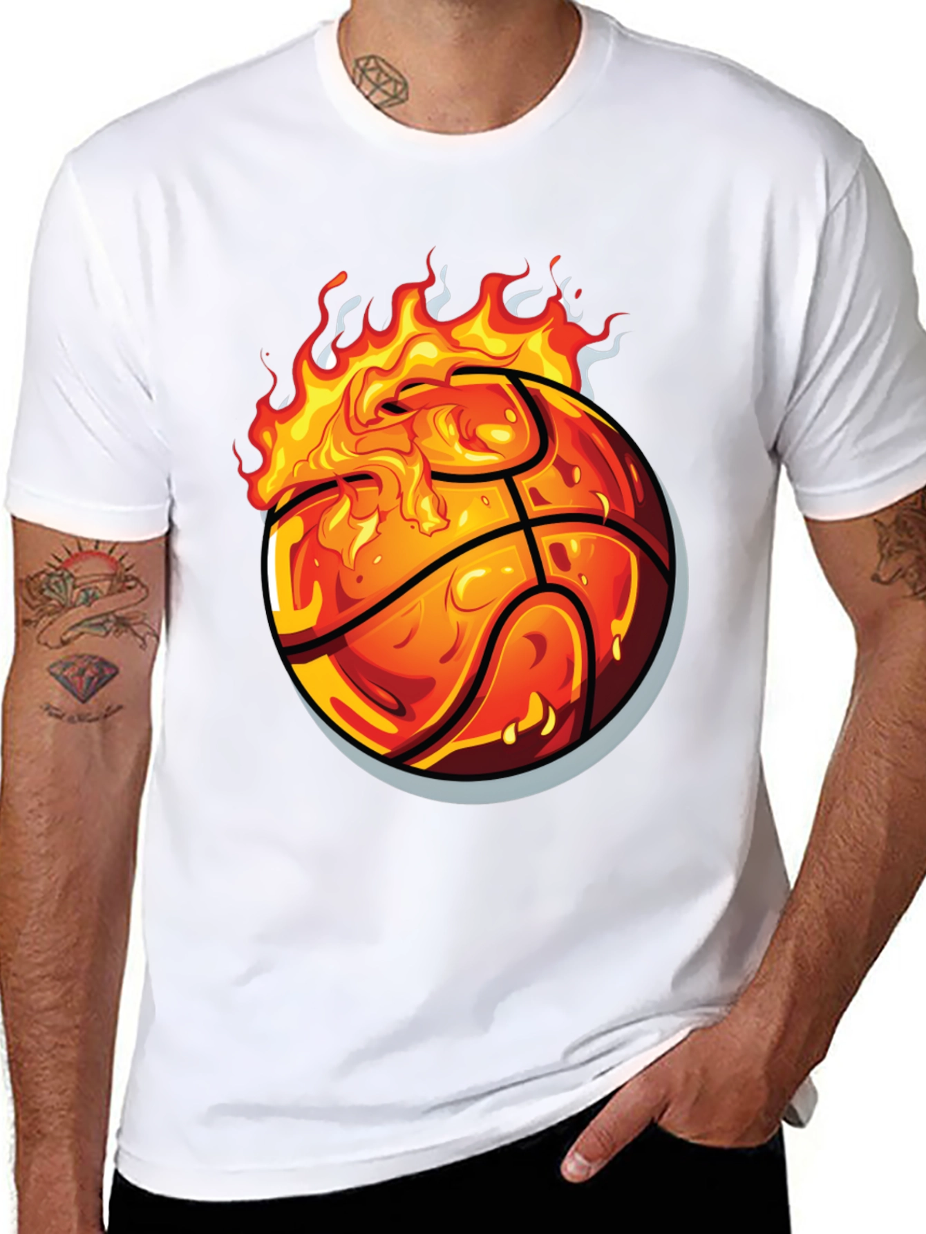 Flaming Basketball Graphic Tee - Black Cotton Shirt