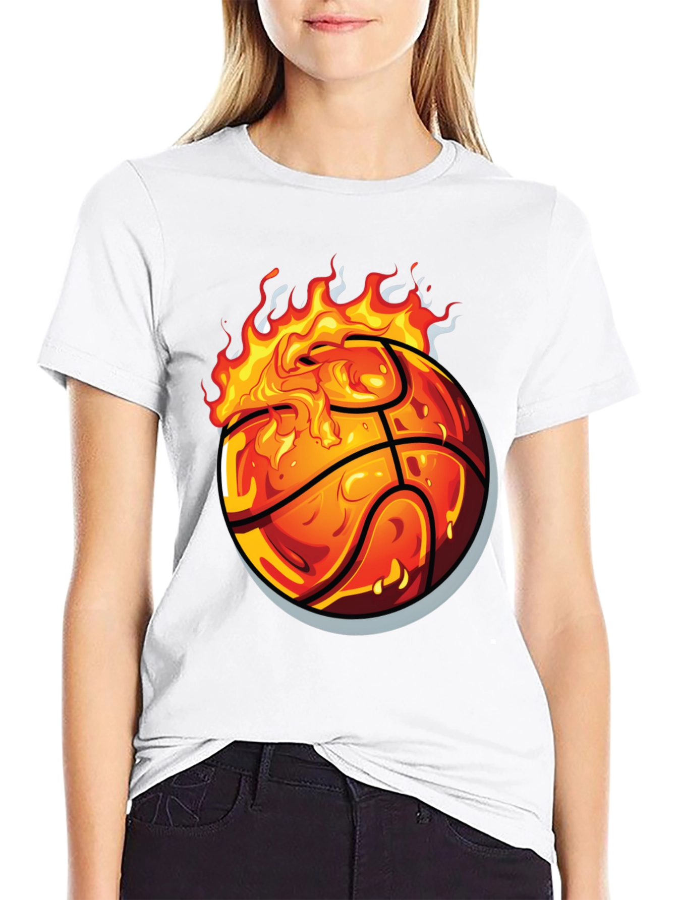 Flaming Basketball Graphic Tee - Black Cotton Shirt