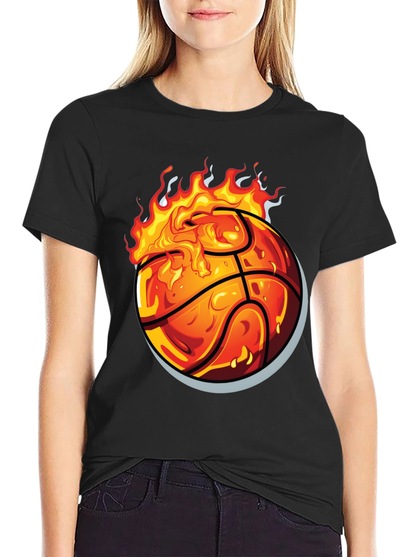 Flaming Basketball Graphic Tee - Black Cotton Shirt