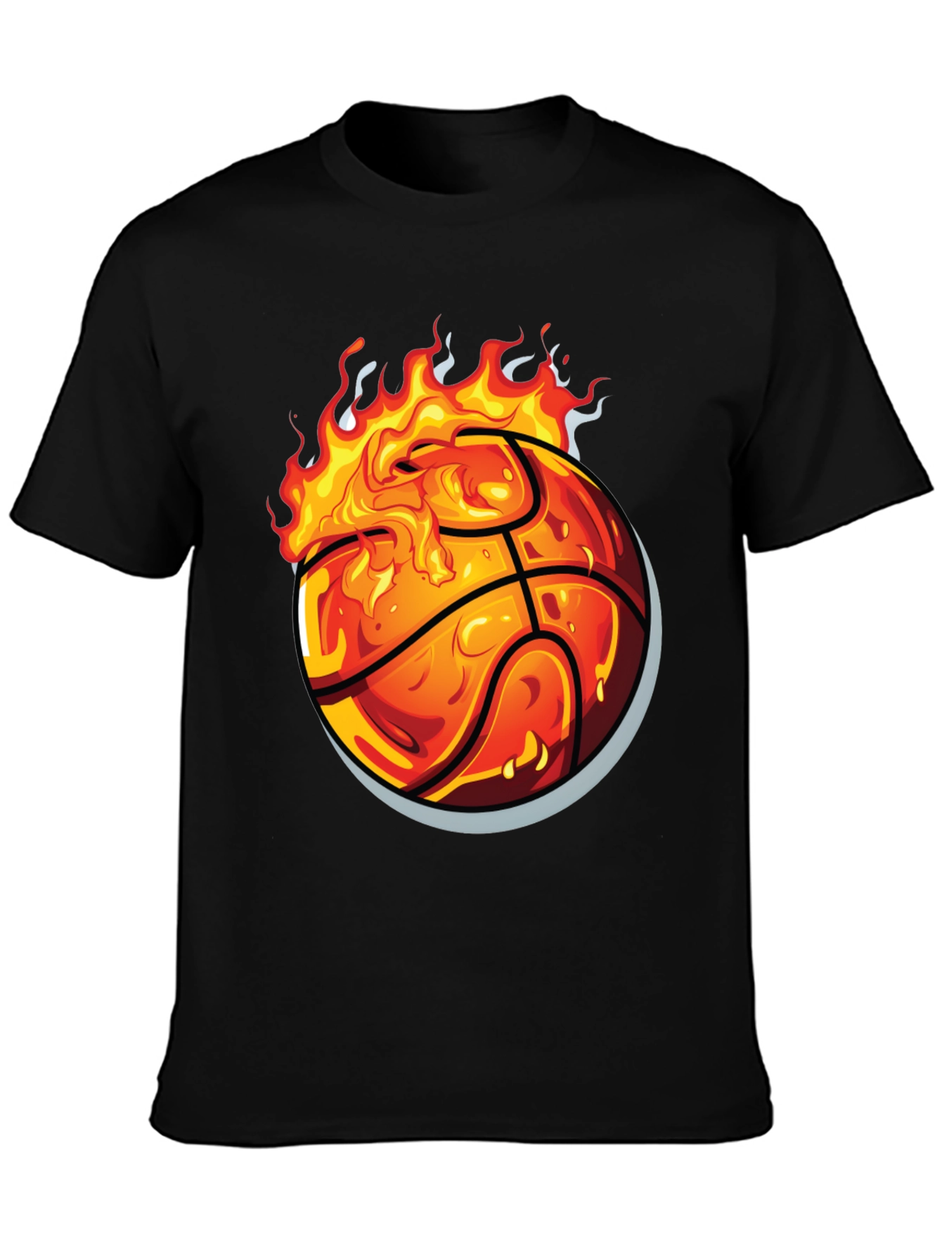 Flaming Basketball Graphic Tee - Black Cotton Shirt