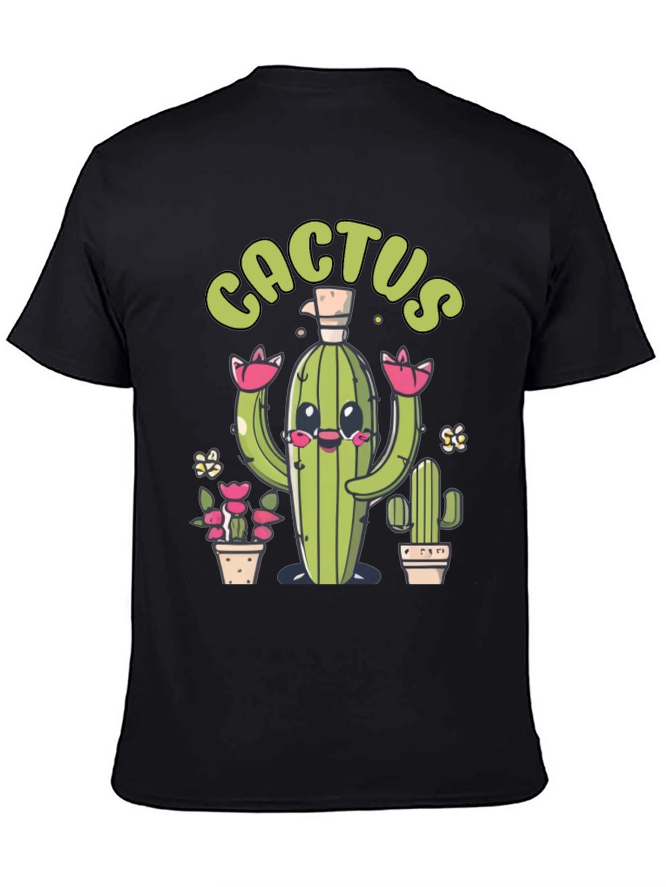 Cute Cactus Graphic Print Black T-Shirt
