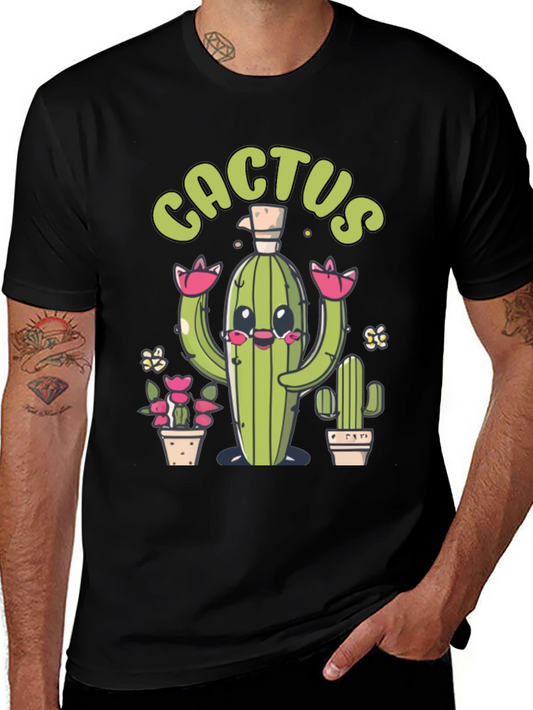 Cute Cactus Graphic Print Black T-Shirt