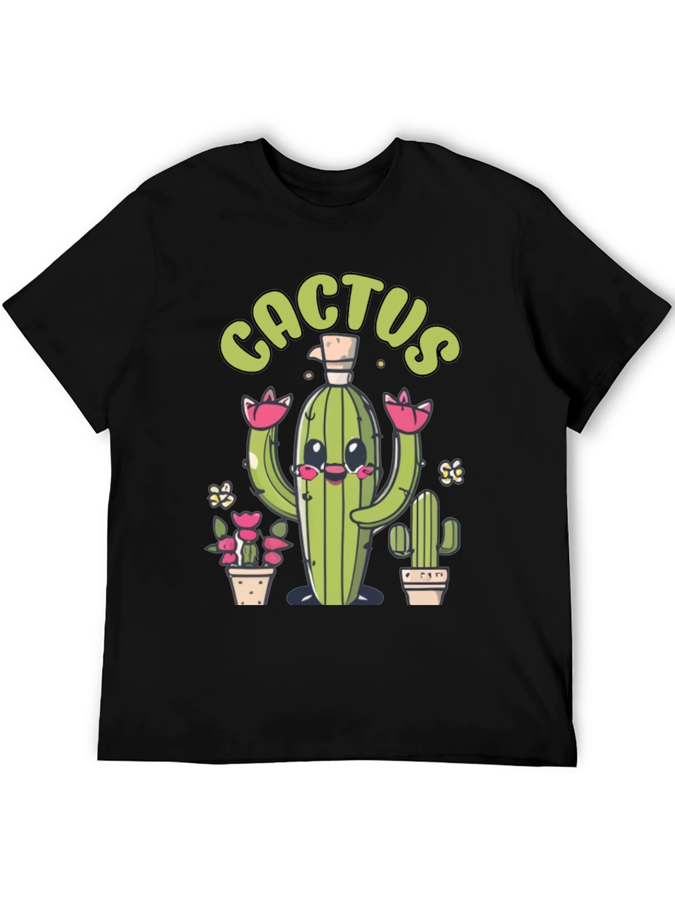Cute Cactus Graphic Print Black T-Shirt