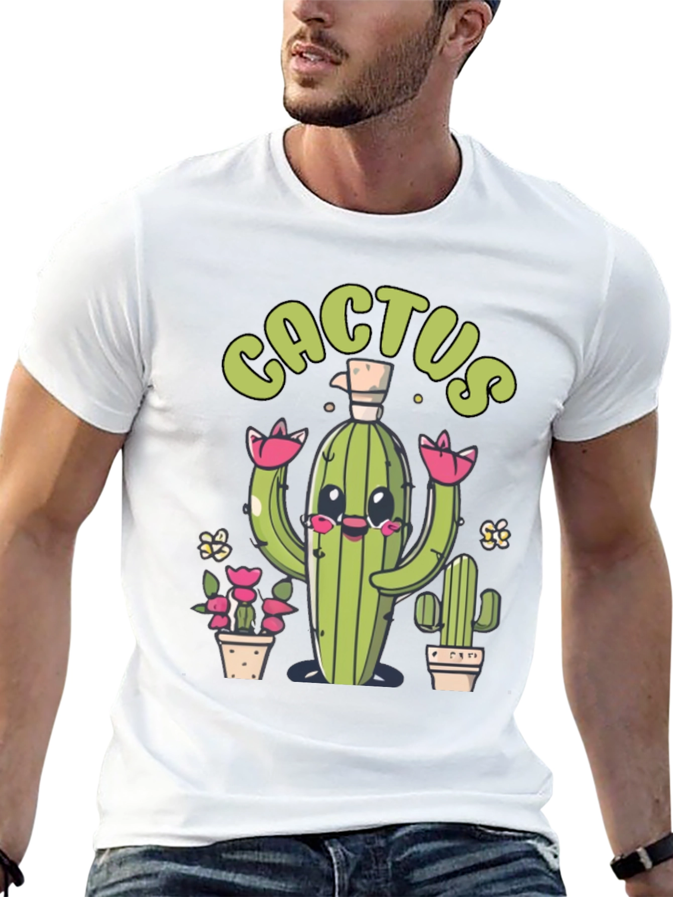 Cute Cactus Graphic Print Black T-Shirt