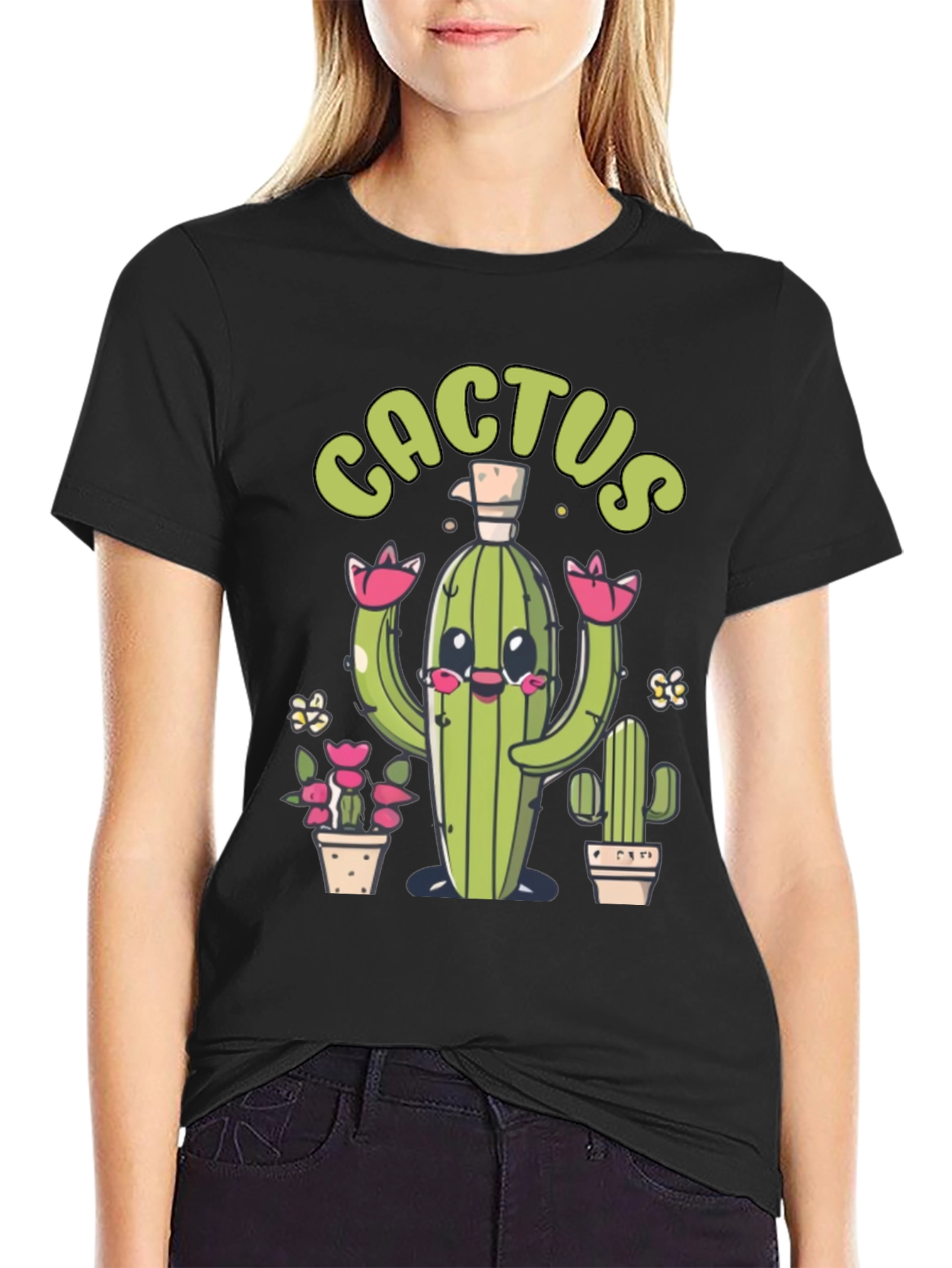 Cute Cactus Graphic Print Black T-Shirt