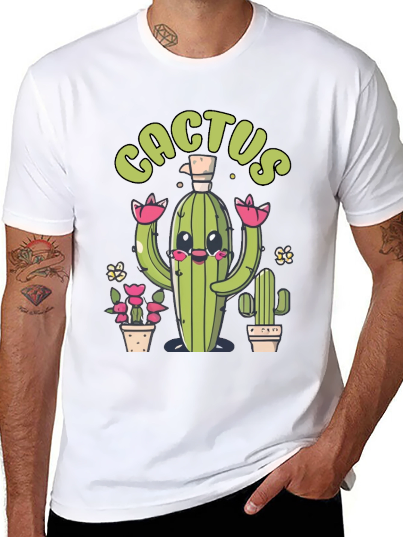 Cute Cactus Graphic Print Black T-Shirt
