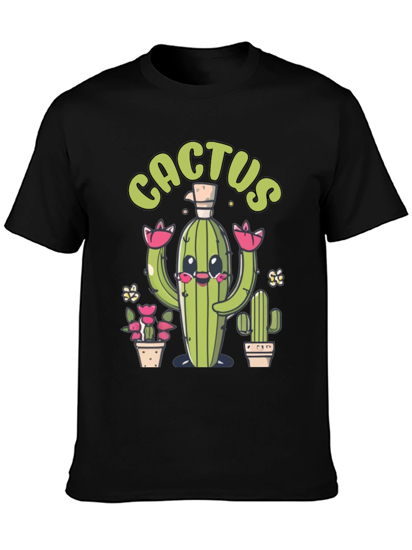 Cute Cactus Graphic Print Black T-Shirt