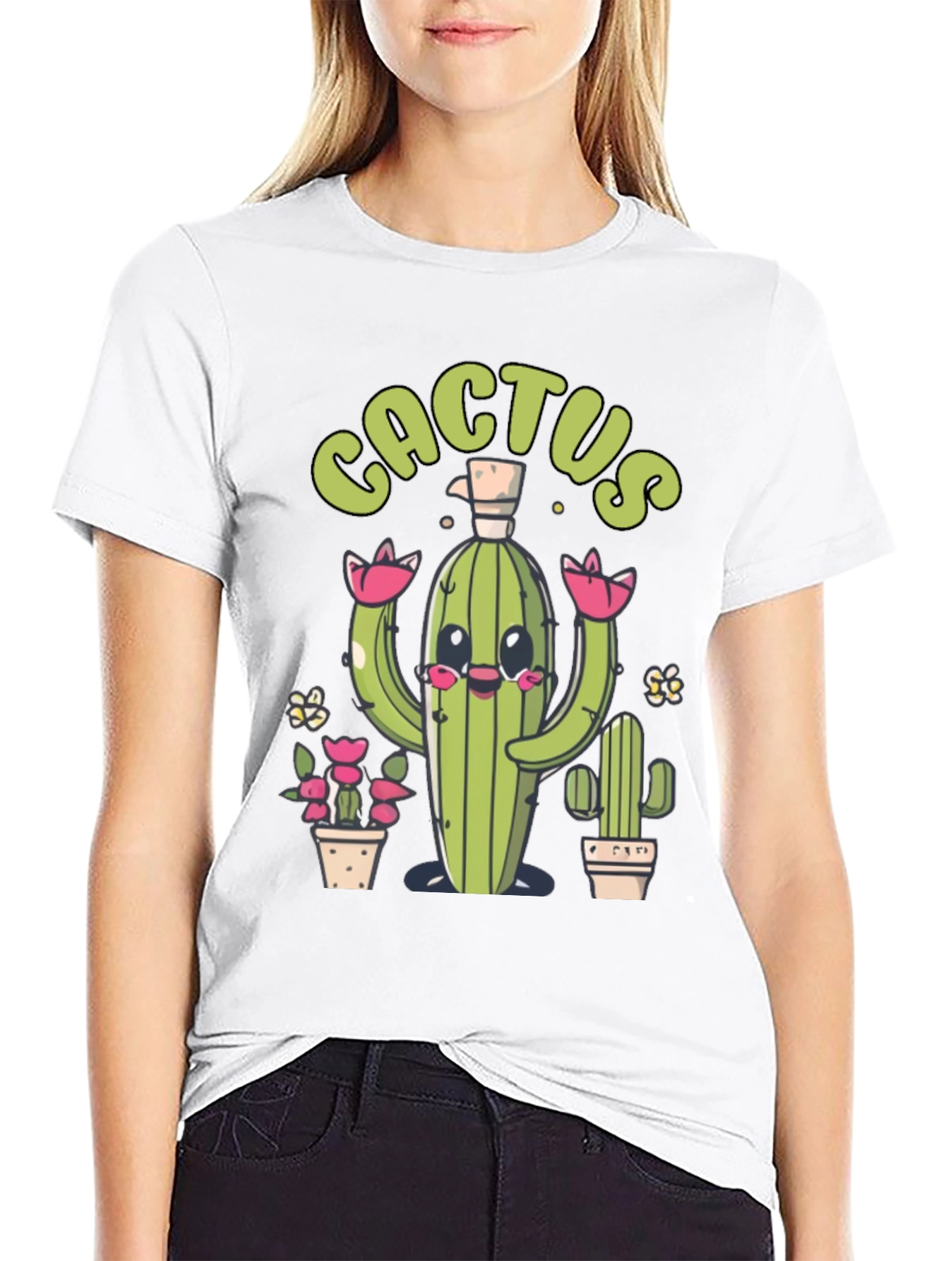 Cute Cactus Graphic Print Black T-Shirt