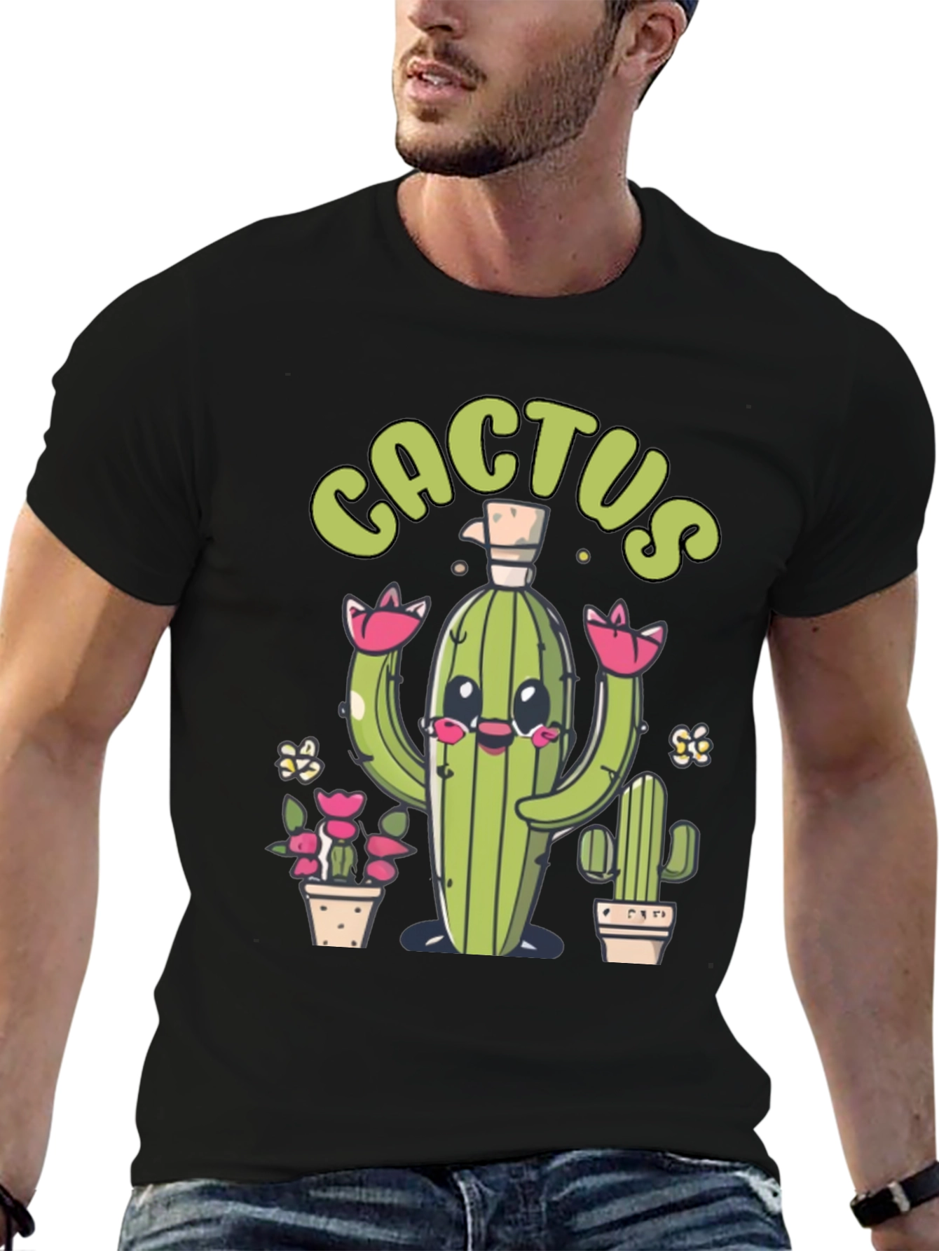 Cute Cactus Graphic Print Black T-Shirt