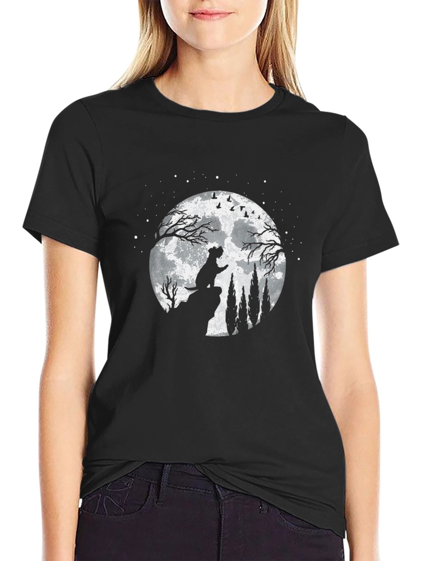 Dog Moon Silhouette Graphic Tee - Black