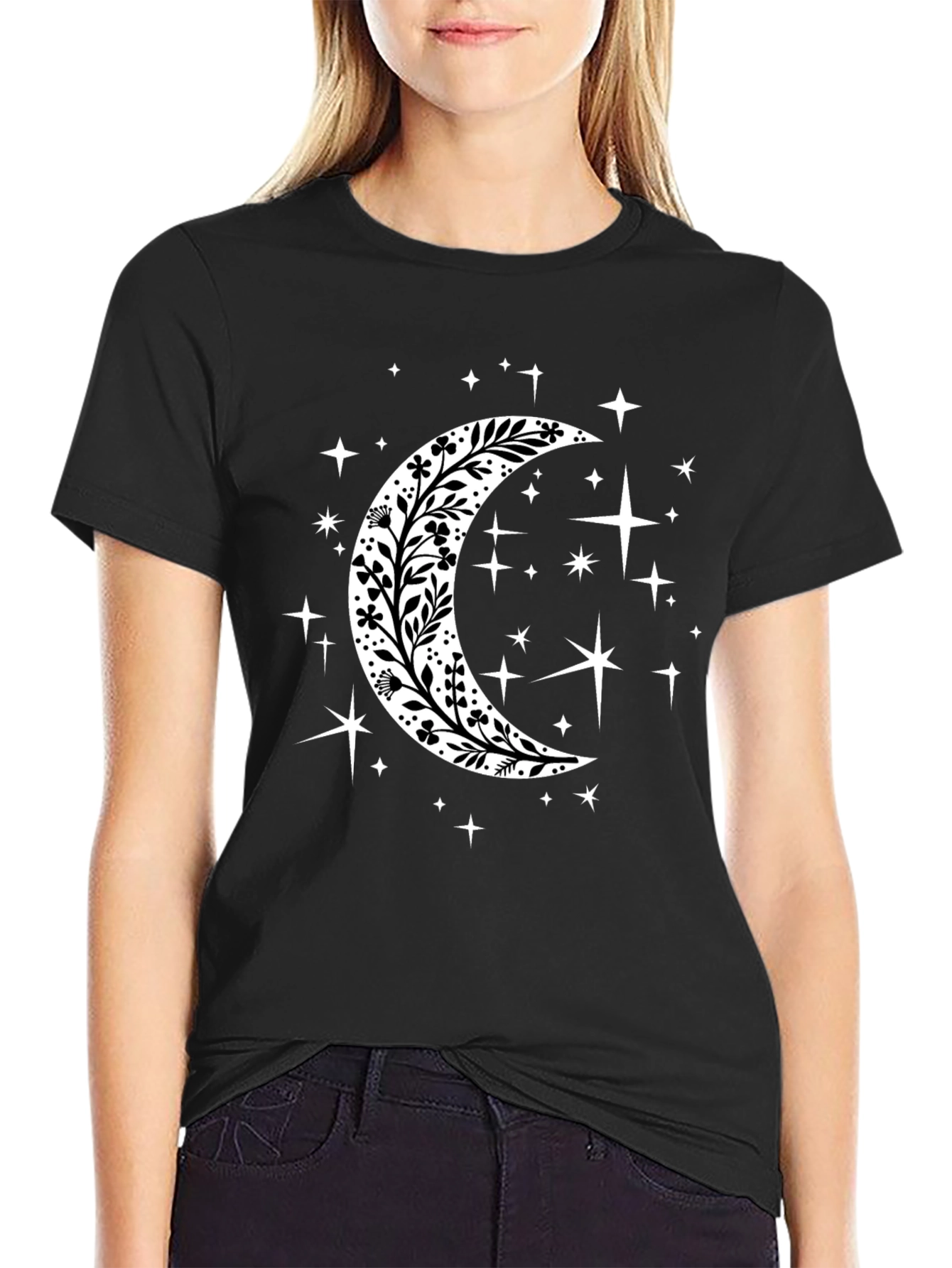 Floral Crescent Moon Starry T-Shirt
