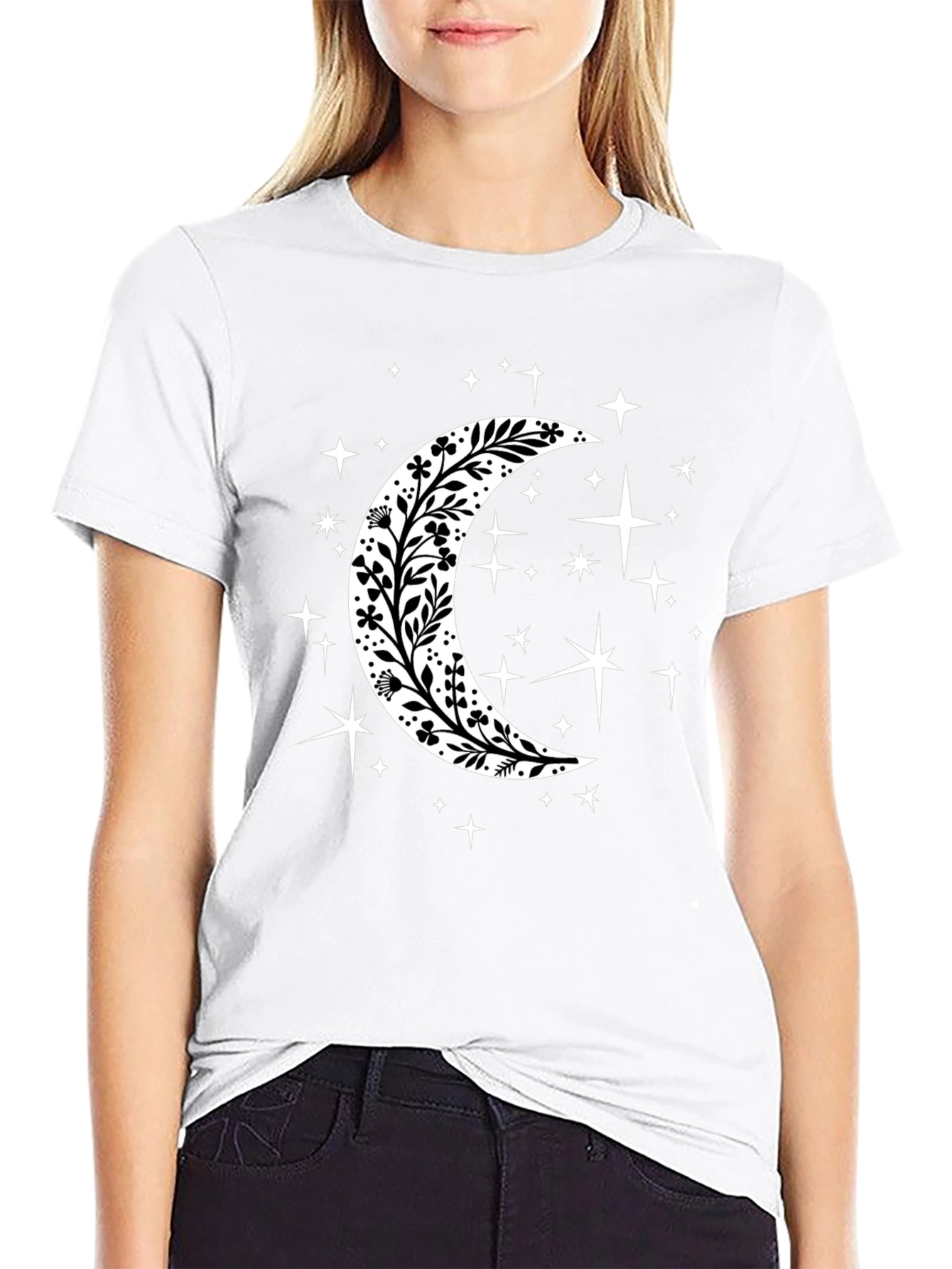 Floral Crescent Moon Starry T-Shirt