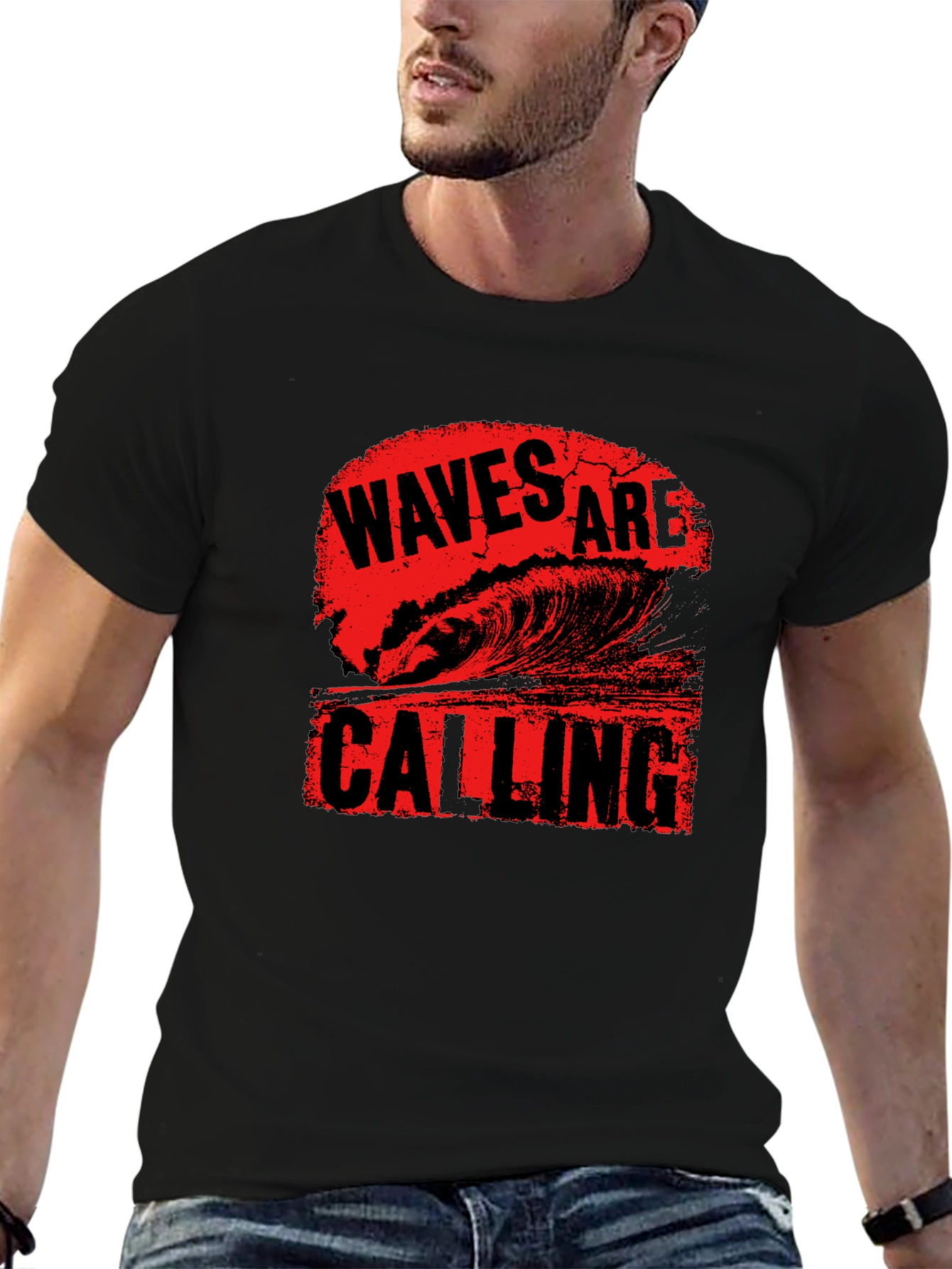 Waves Are Calling Black Graphic Tee Shirt