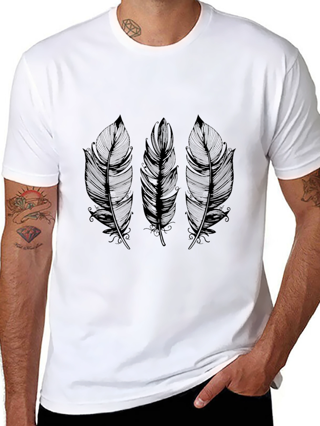 Mens Feather Graphic Print Black T-Shirt