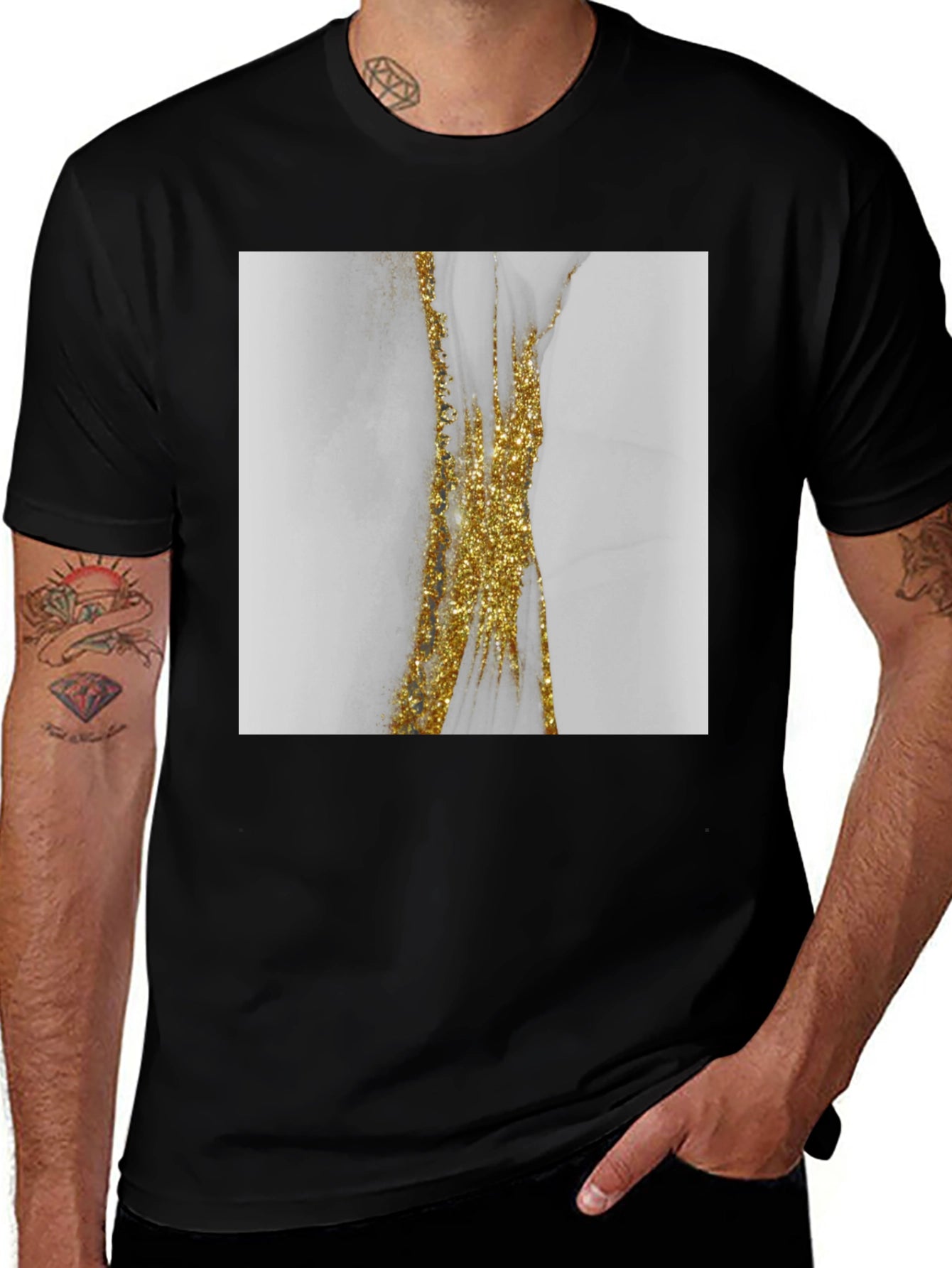 Modern Marble Gold Accent Black T-Shirt
