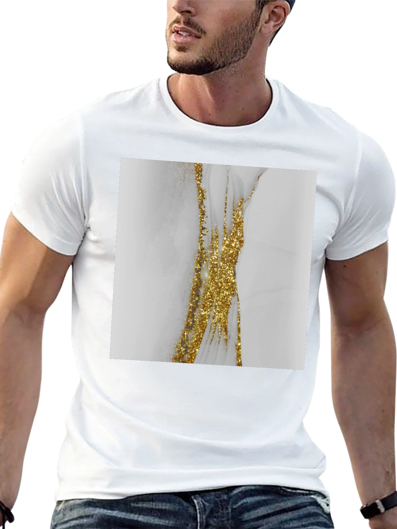 Modern Marble Gold Accent Black T-Shirt