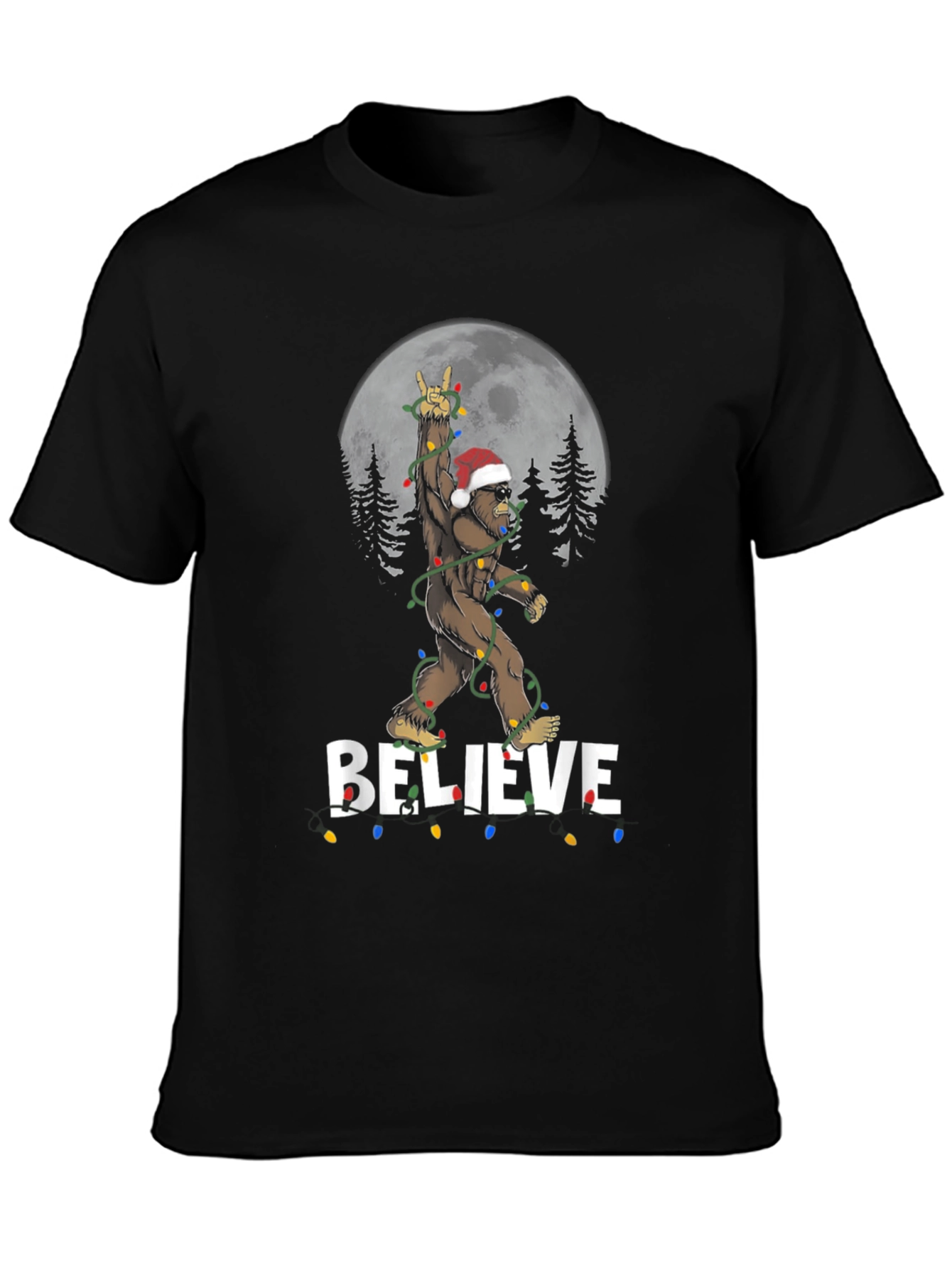 Believe Bigfoot Christmas Lights Holiday T-Shirt