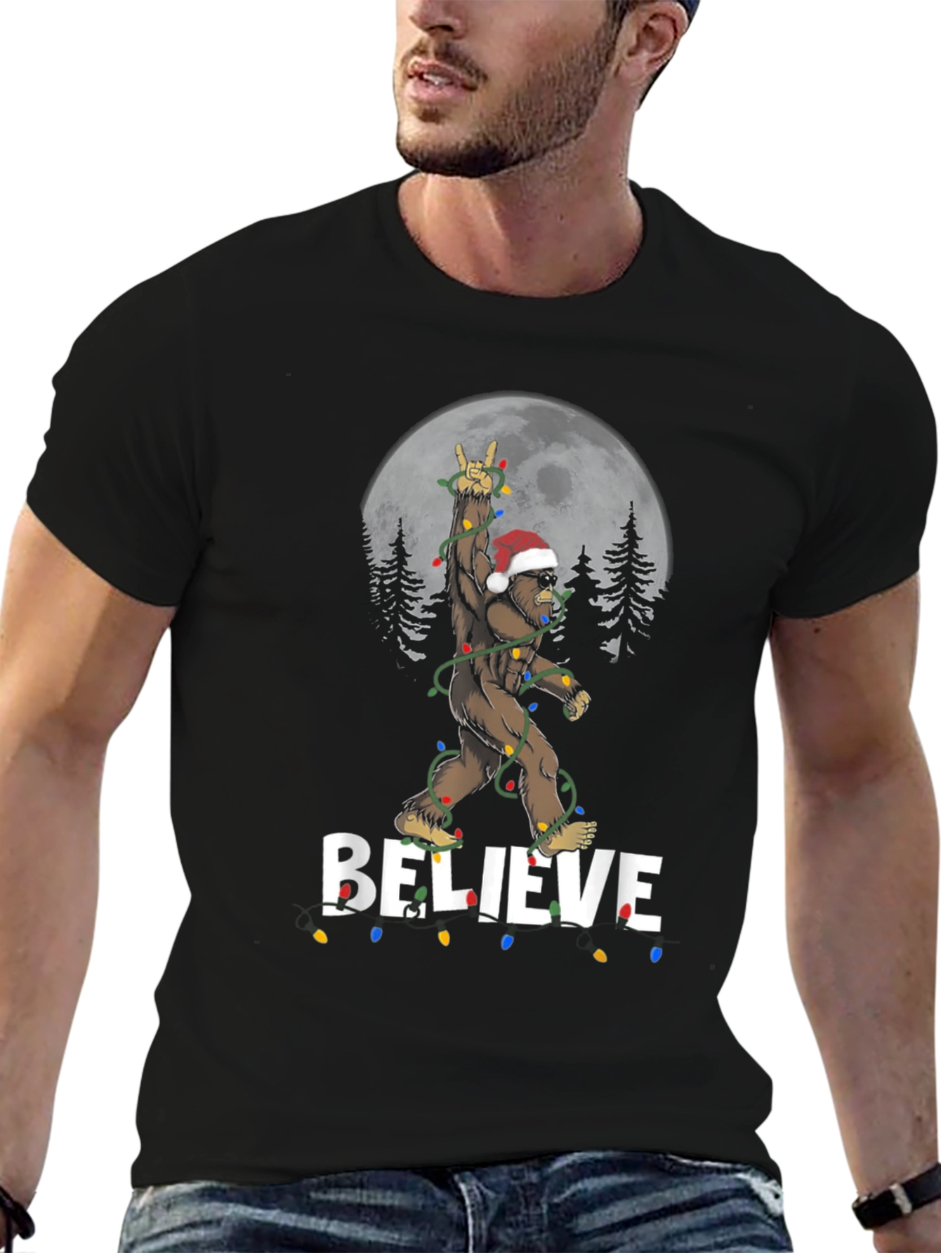 Believe Bigfoot Christmas Lights Holiday T-Shirt