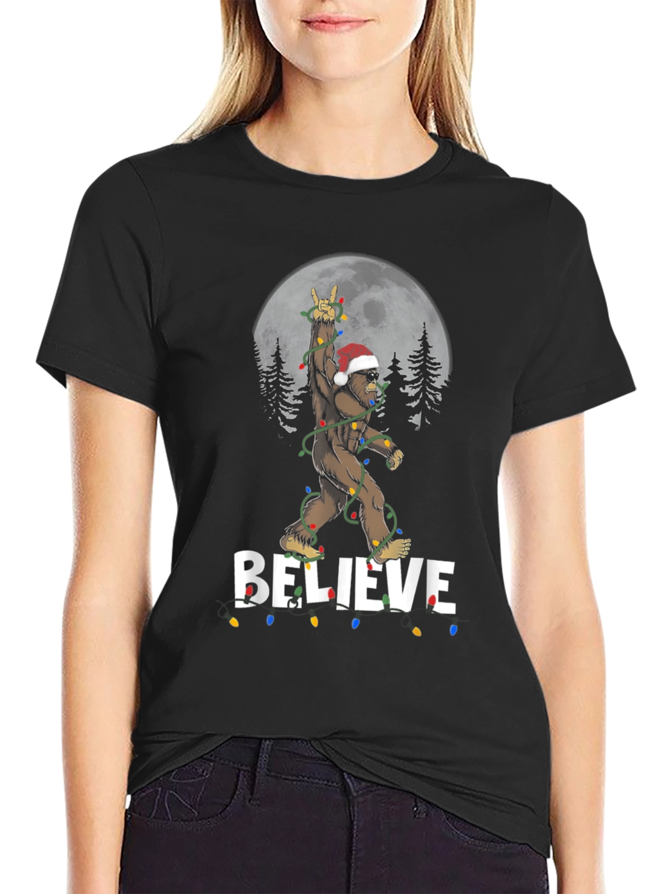 Believe Bigfoot Christmas Lights Holiday T-Shirt