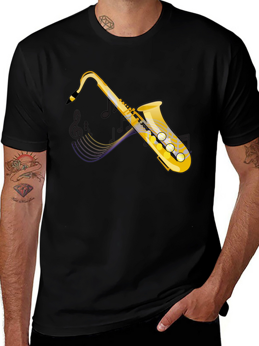 Saxophone Graphic Tee - Black Cotton Casual T-Shirt